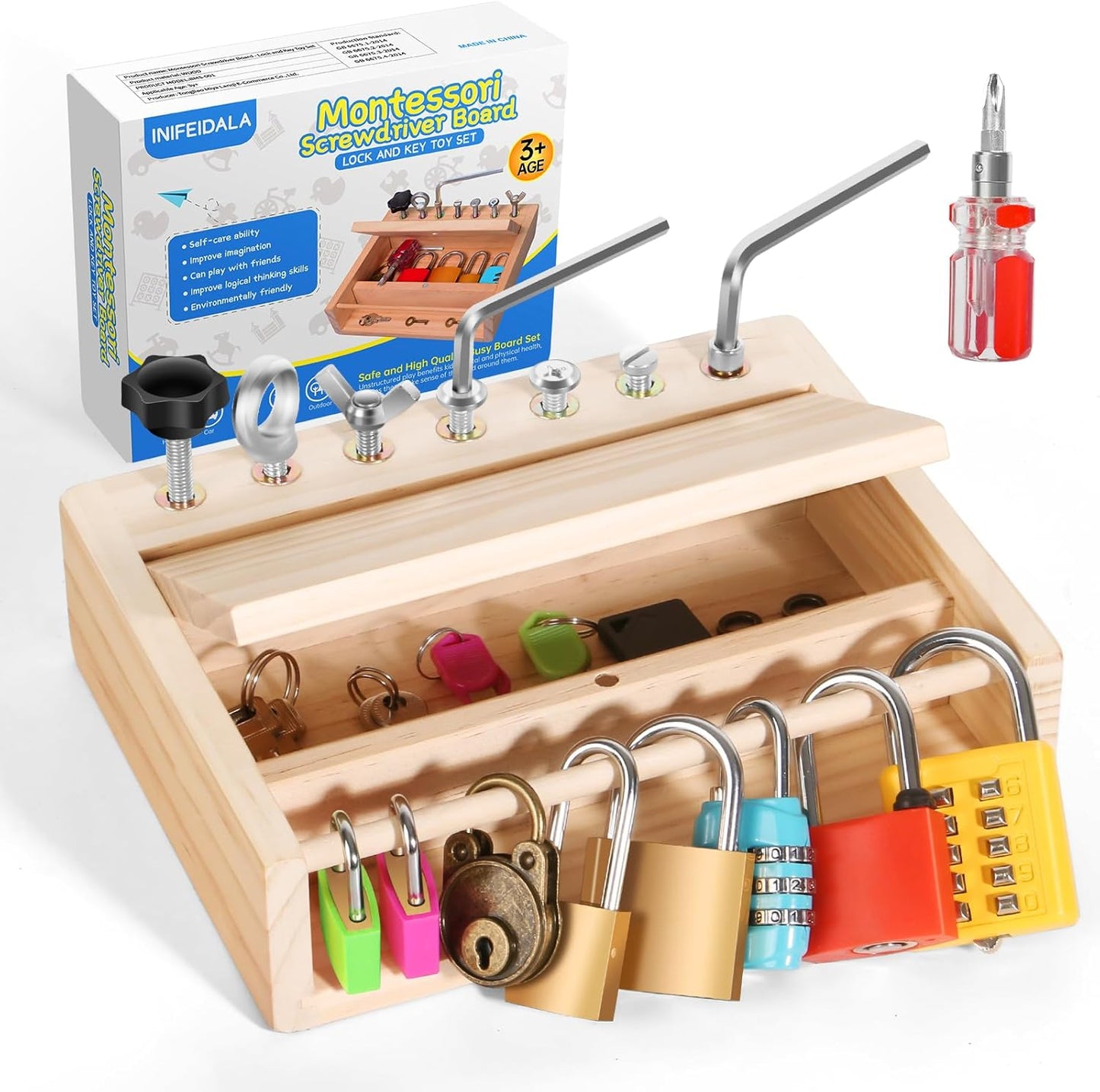 Montessori Toys for 3 4 5 Year Old,Montessori Screwdriver Board Set-Lock and Key Toy,Kids Tool Set,Preschool Learning Sensory - Fine Motor Skills - STEM Toys