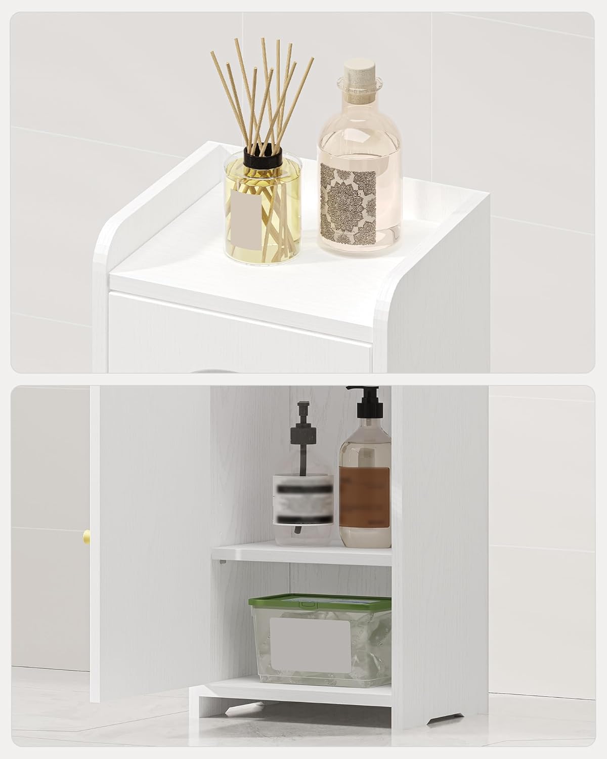 Bathroom Storage Cabinet, Small Corner Floor Cabinet with 2 Doors and Adjustable Shelf, Narrow Toilet Paper Cabinets, Bathroom Organizer for Small Spaces, 7.9" D x 9.8" W x 29.5" H White