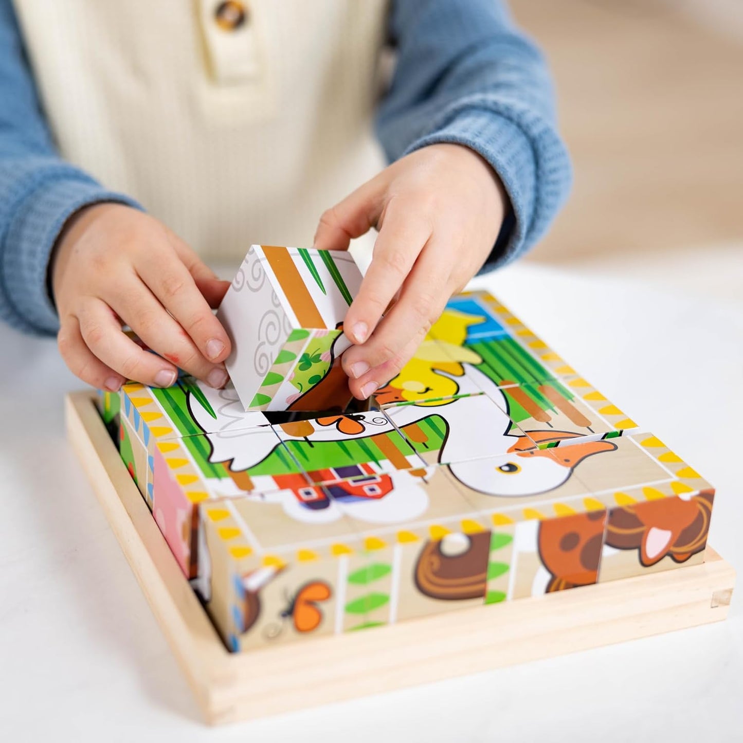 Melissa & Doug Farm Wooden Cube Puzzle with Storage Tray – 6-in-1 Animal Puzzle for Toddlers and Preschoolers – 16 Wooden Cubes – Farm Toy for Kids Ages 3+ - FSC Certified