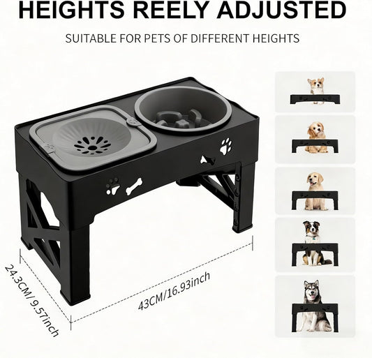 Kaiyue 2-in-1 Elevated Slow Feeder Dog Bowls Stand with No Spill Water Bowl, 5 Height Adjustable Raised Dog Bowls ，Non-Skid Pet Food Feeding Set for Small to Large Dogs