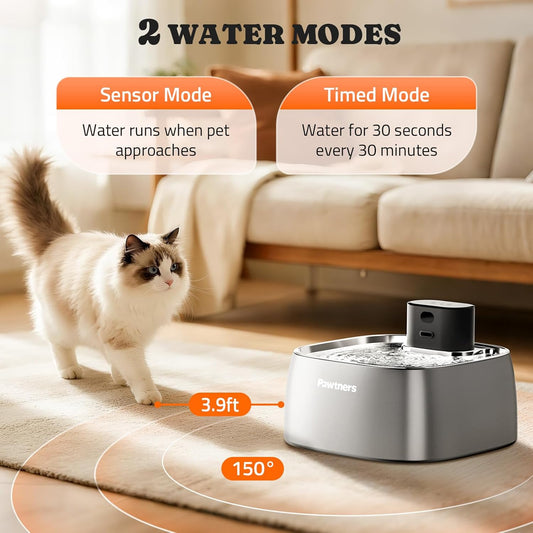 Pumpless Cat Water Fountain Stainless Steel, Automatic Cordless Cats and Dogs Water Dispenser 108oz/3.2L, Pawtners Battery Operated Pet Fountain with Smart Indicator &150° Motion Sensor