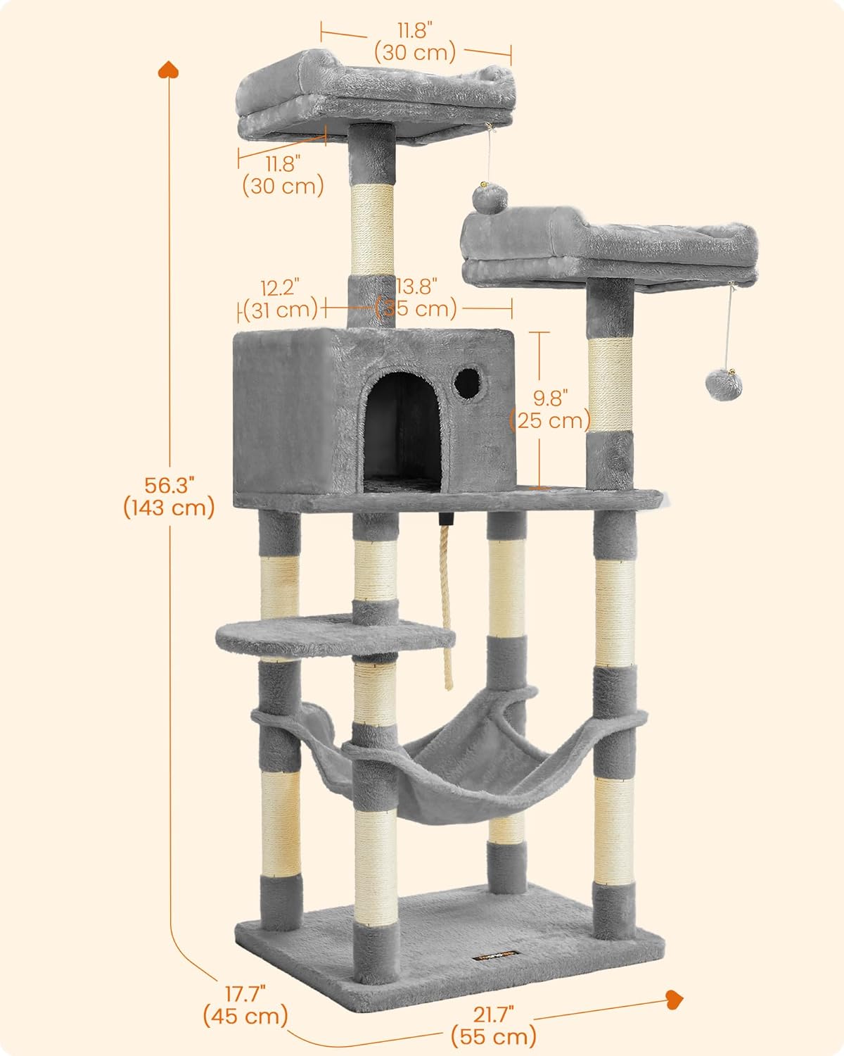 Feandrea Cat Tree, 56.3-Inch Cat Tower, Multi-Level Plush Condo with 11 Scratching Posts, 2 Perches, Hammock, Cave, Light Gray UPCT15W