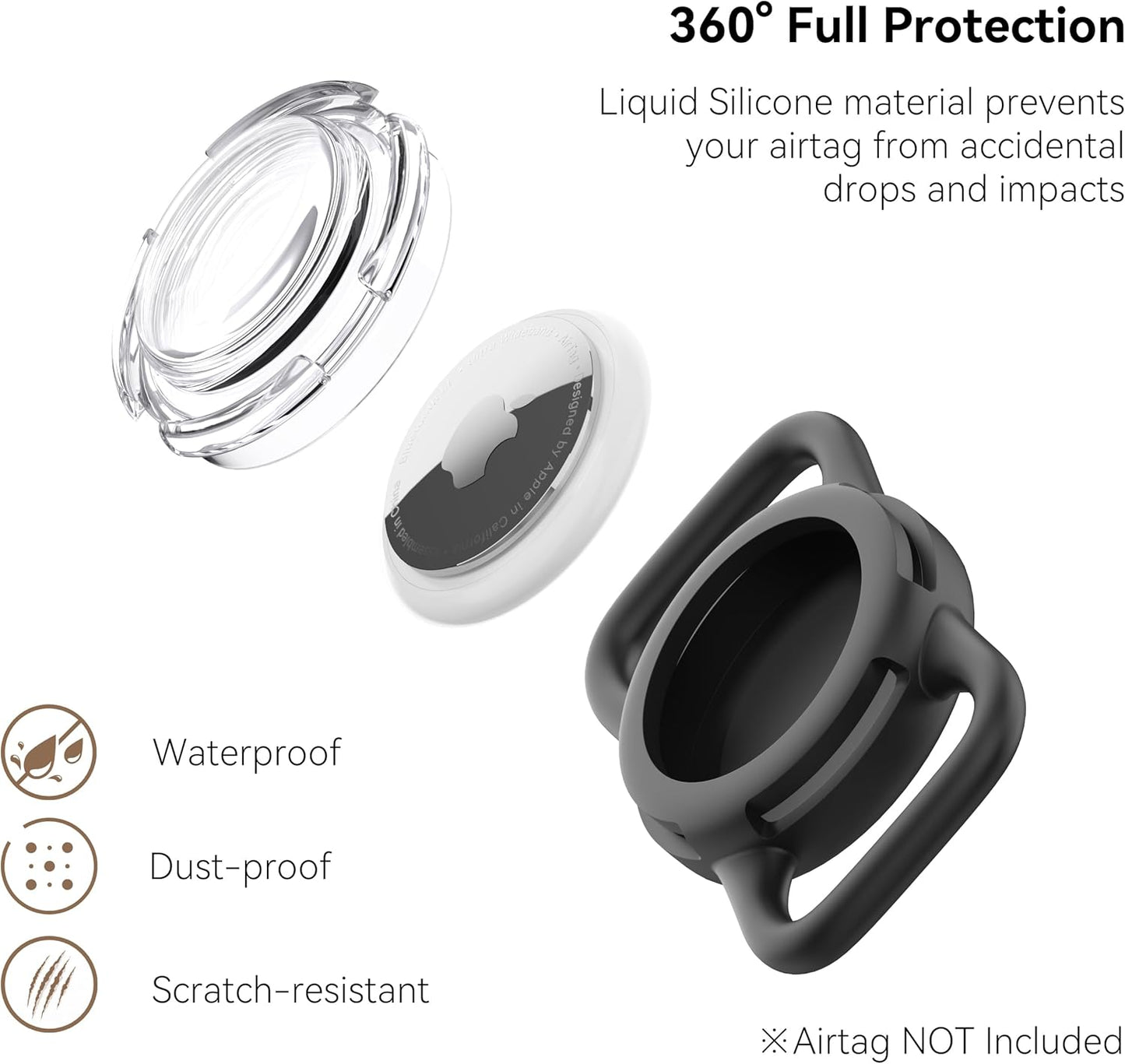 Waterproof Airtag Holder for Dog Collar, Soft Full-Body Protective Airtag Holder for Dog & Cat Collars, Ultra-Durable, Easy Installation, Lightweight Clear Airtag Case (Black, Regular)