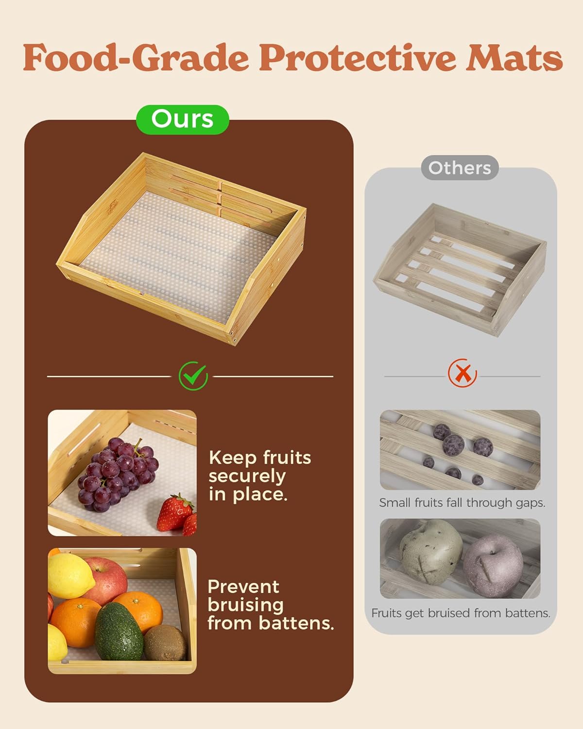 3 Tier Large Bamboo Fruit Basket for Kitchen Counter with 2 Banana Holders, Kitchen Countertop Organizer with Protective Mats, Tiered Fruit Bowl for Bread Snack Veggies with Dividers