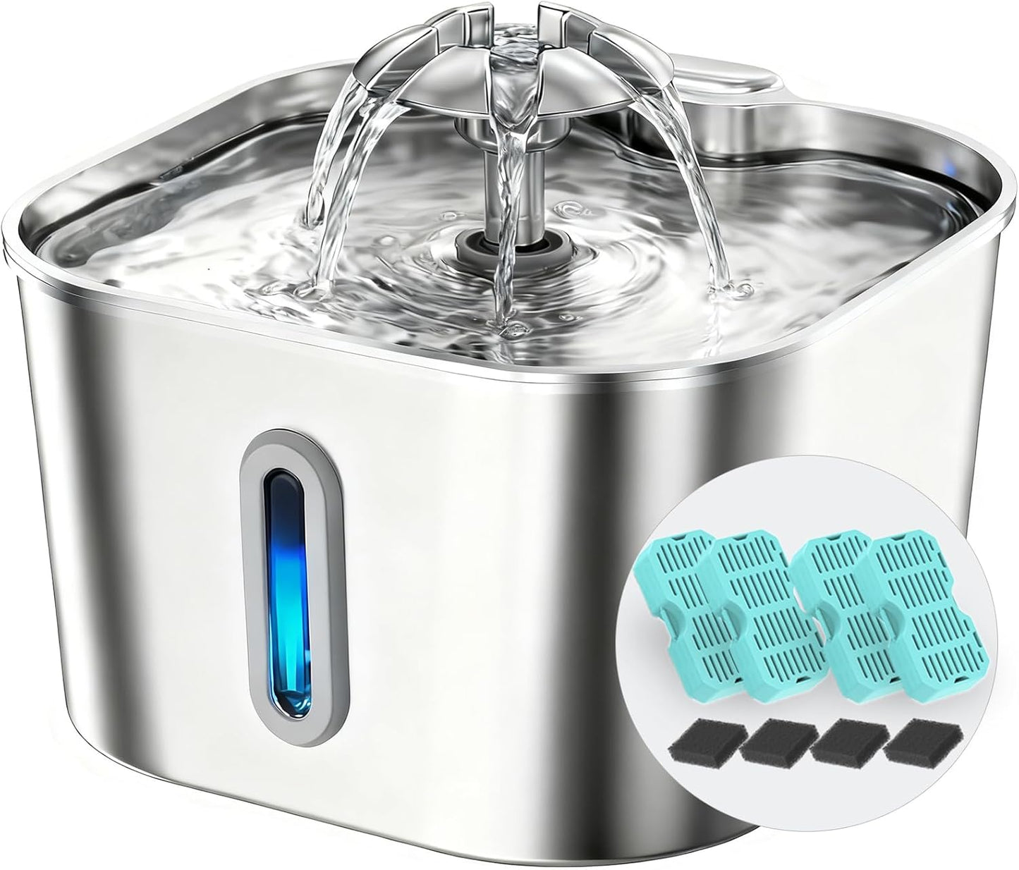 Cat Water Fountain Stainless Steel with 4 Filters & 4 Sponges, 74oz/2.2L Automatic Pet Drinking Fountain, Indoor Water Dispenser for Cats, Kittens, Small Dogs and Pets, Quiet Circulating Pet Fountain