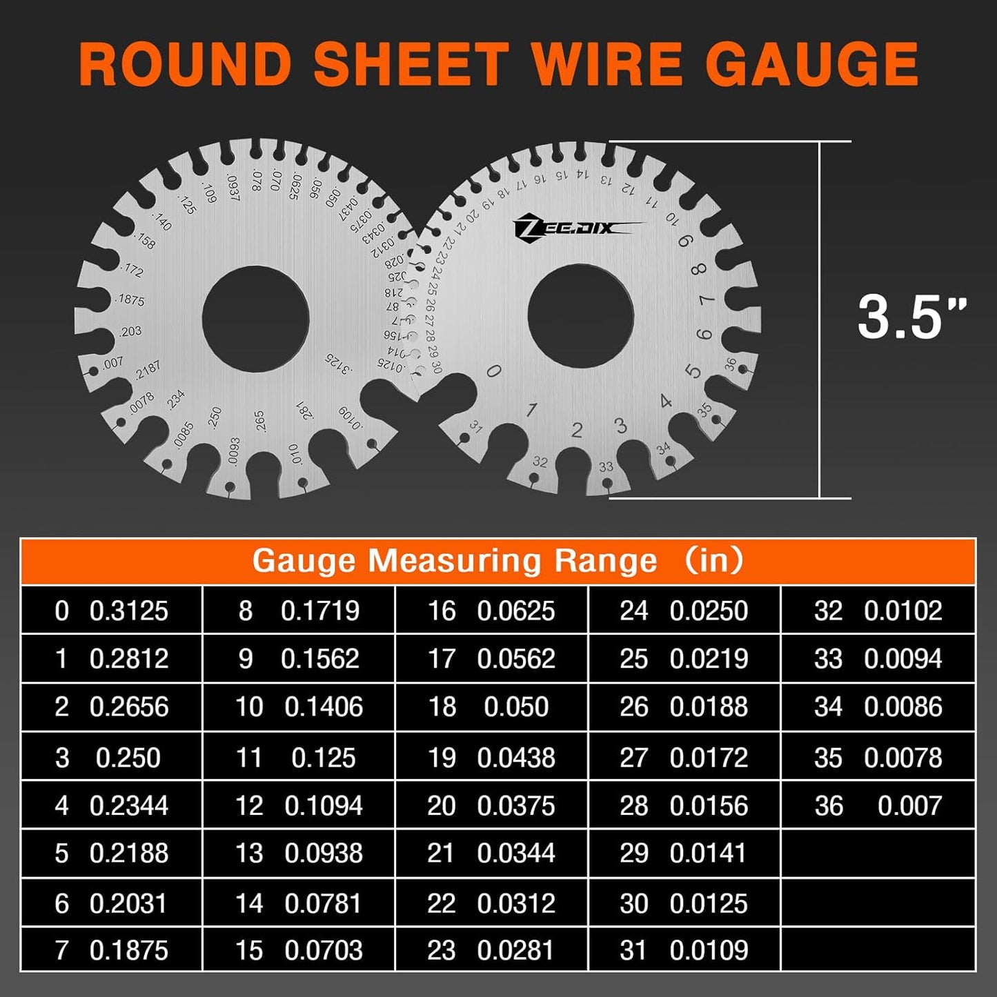 ZeeDix Wire Gauge Measuring Tool (2 Pcs) - Round Dual Sided Metal Sheet Gage & Metal Sheet Thickness Gauge, Stainless Sheet Wire Size Chart & Welding Measurement Tool