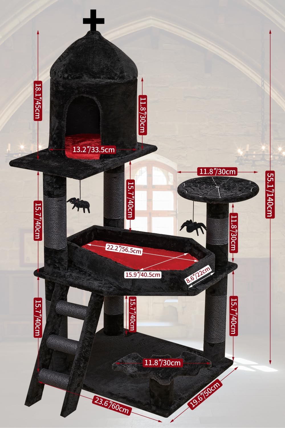Gothic Cat Tree with Coffin Bed，55" Cat Tower with Spacious Cat Condo，Scratching Posts，Spider Hanging Ball，Multi-Level Cat Activities Furniture for Large Cats, Black Halloween