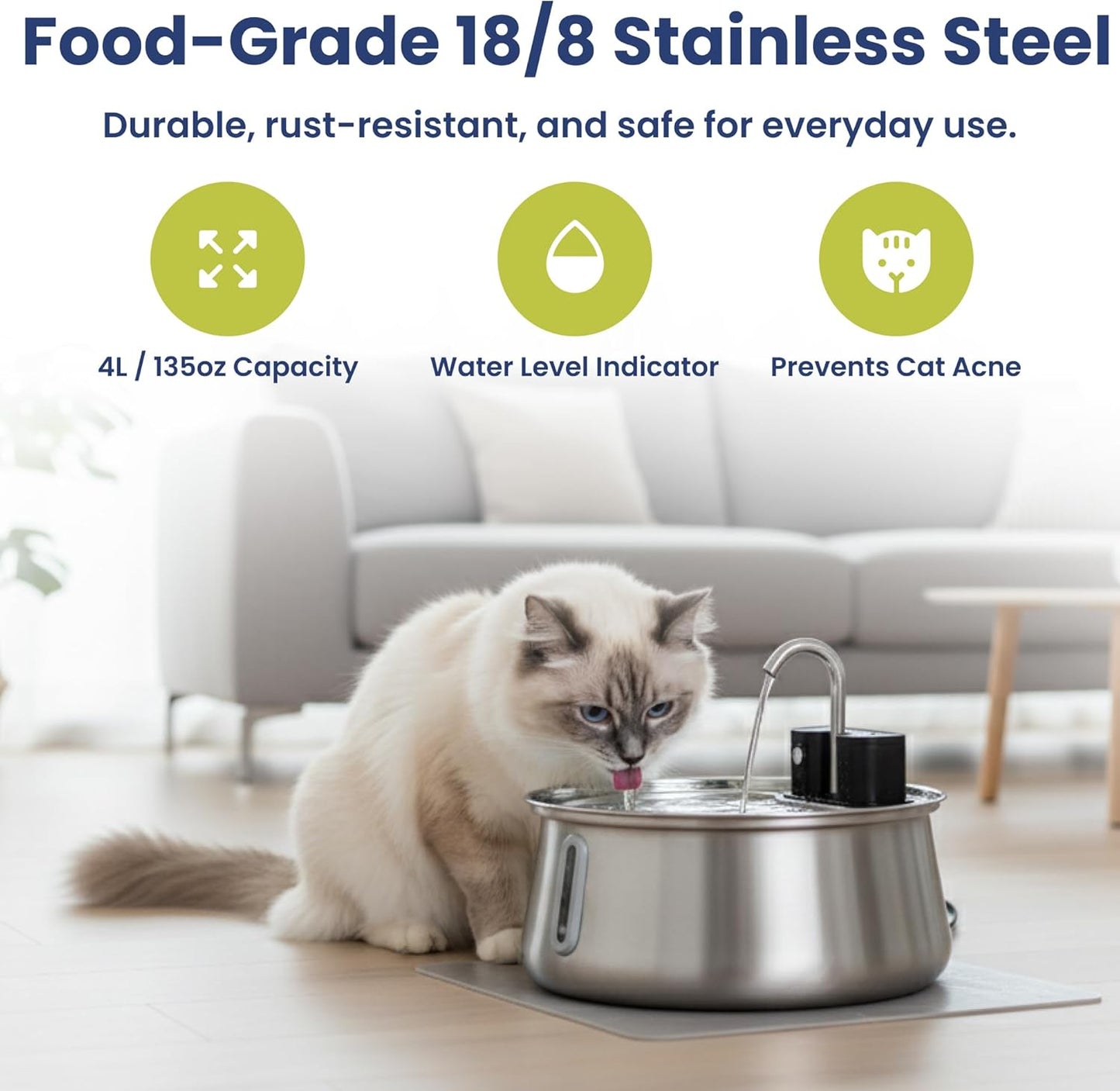 PawsPik Stainless Steel Battery Operated Cat Water Fountain, 4L Cordless Pet Fountain with Faucet-Style Flow, Automatic Water Dispenser for Cats Indoor, Motion Sensor & 3 Flow Modes