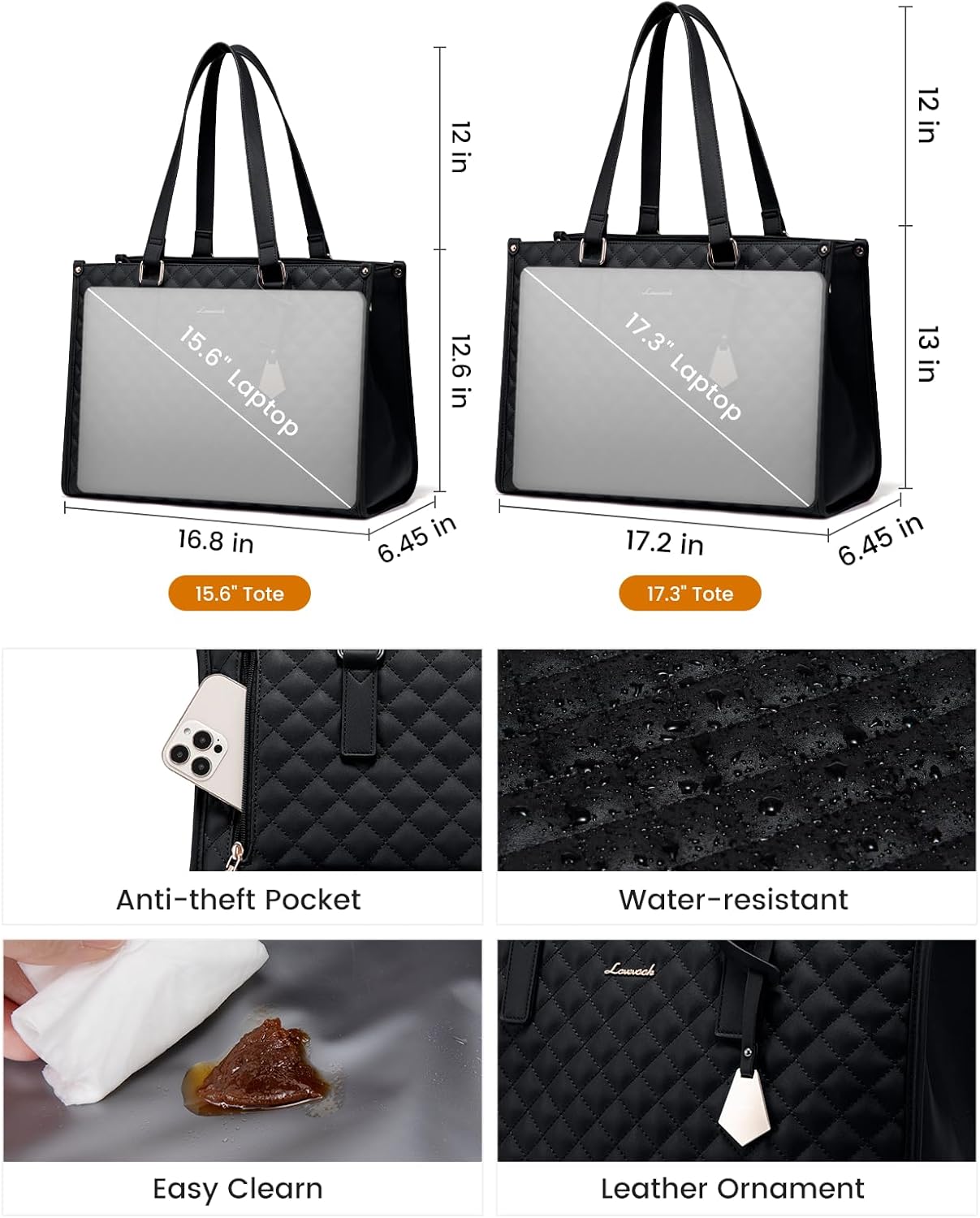 LOVEVOOK Lunch Tote Bag for Women, 15.6 Inch Laptop Bag with Insulated Lunch Compartment, Quilted Large Capacity Computer Handbag with Purse for Business, Work, Nurse, Office, Collage, Casual, Black