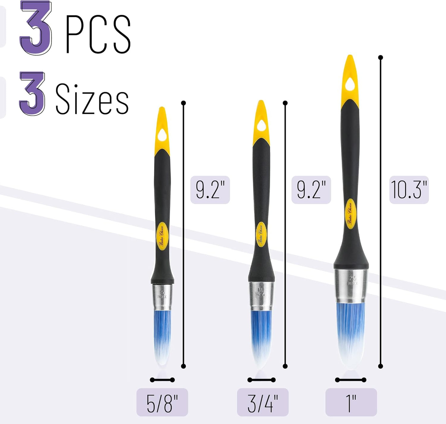 Bates- Trim Paint Brush, 3 pcs, 5/8”, 3/4” and 1”, Ergonomic Handles, Trim Brushes for Painting