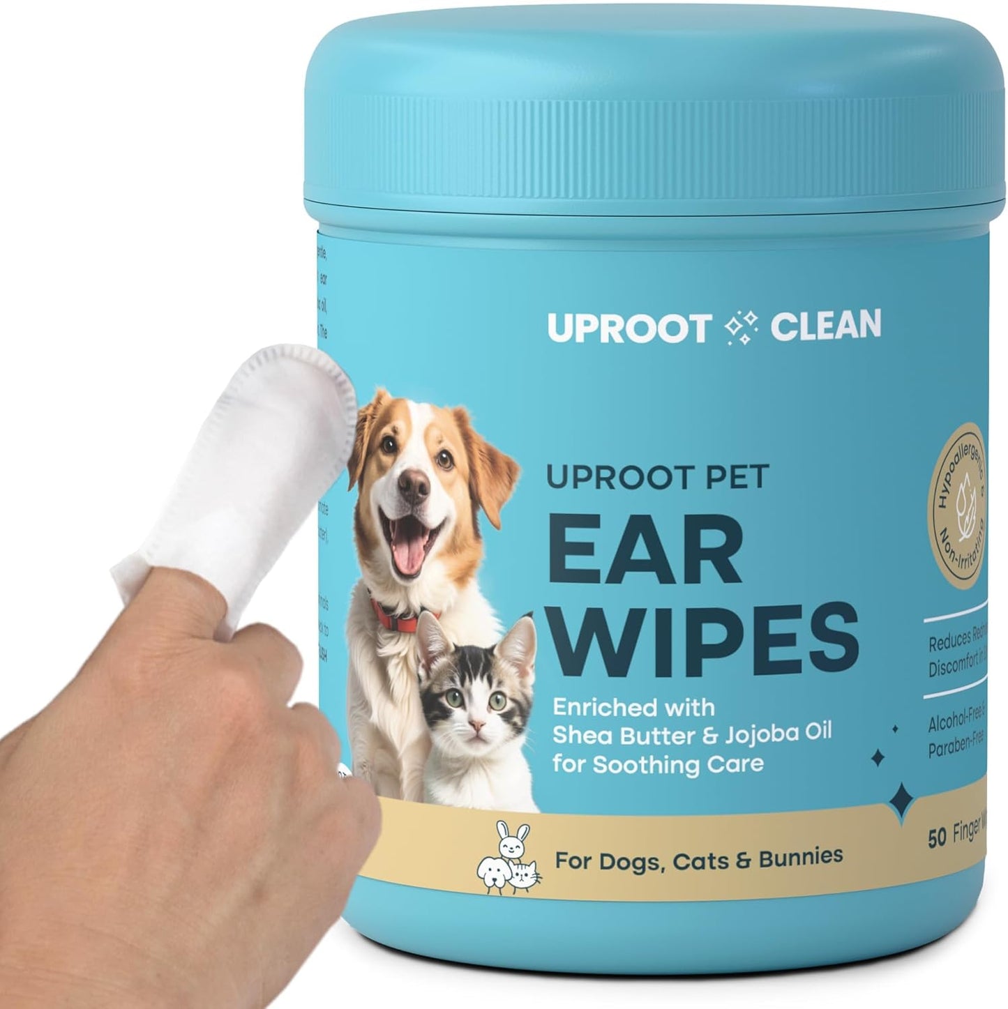 Uproot Clean Cat & Dog Ear Cleaner Finger Wipes (50ct.): Disposable Dog Ear Wipes Enriched with Shea Butter & Jojoba Oil - Cleaner Removing Wax Build Up, Help with Odor Discomfort