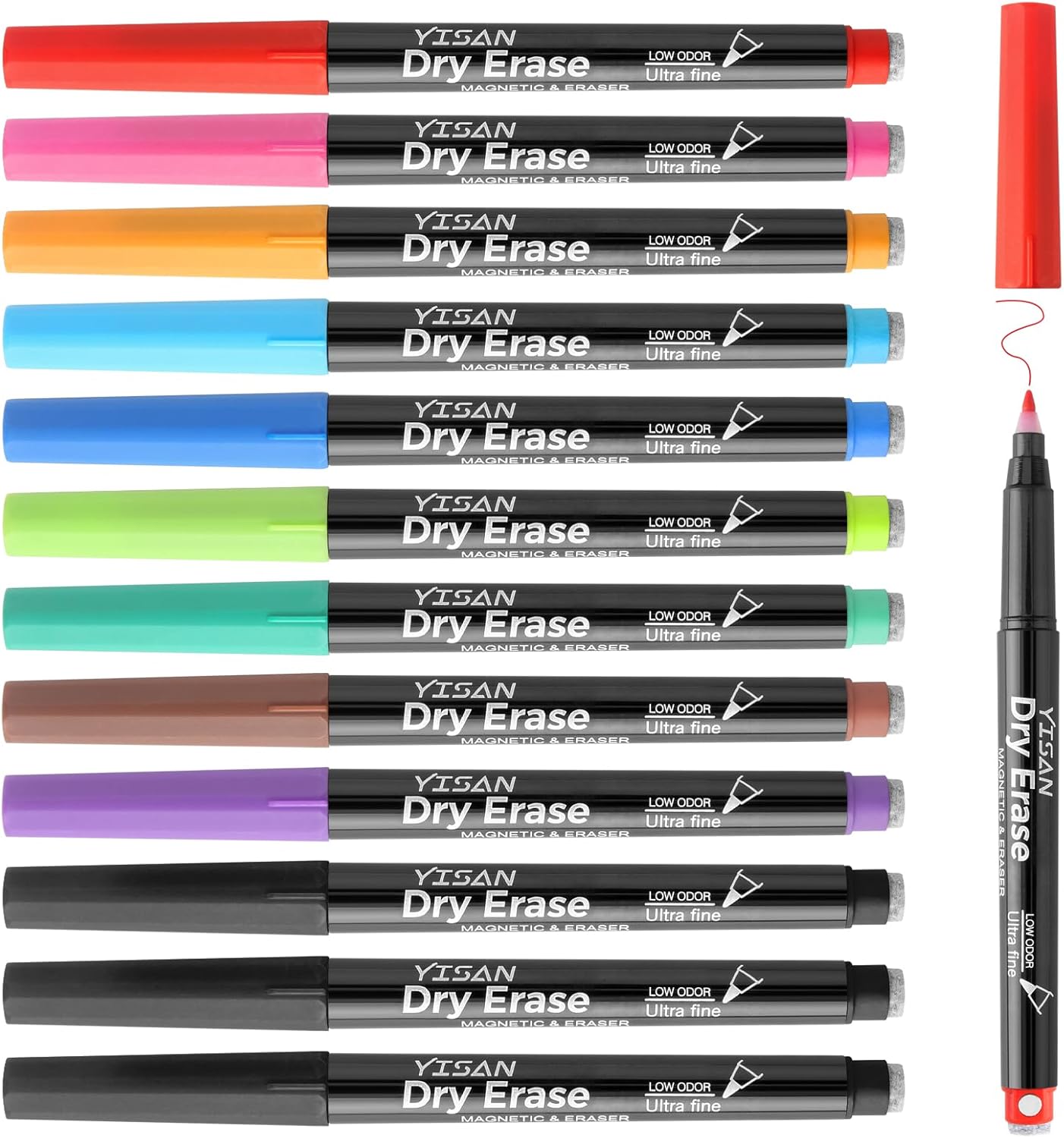 YISAN Dry Erase Markers Ultra Fine Tip,0.7mm Extra Fine Point, Magnetic Whiteboard Markers with Erasers,Assorted Colors, Low Odor,12 Count,70566