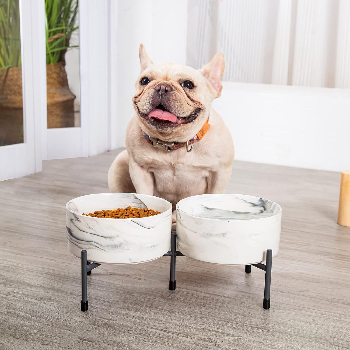 TAMAYKIM 32 oz Ceramic Dog Cat Bowls with Elevated Metal Stand, 6 Inch Porcelain Round Food and Water Bowl Set, Non-Slip Pet Feeder Bowls for Cats & Dogs, Marble Grey, Set of 2
