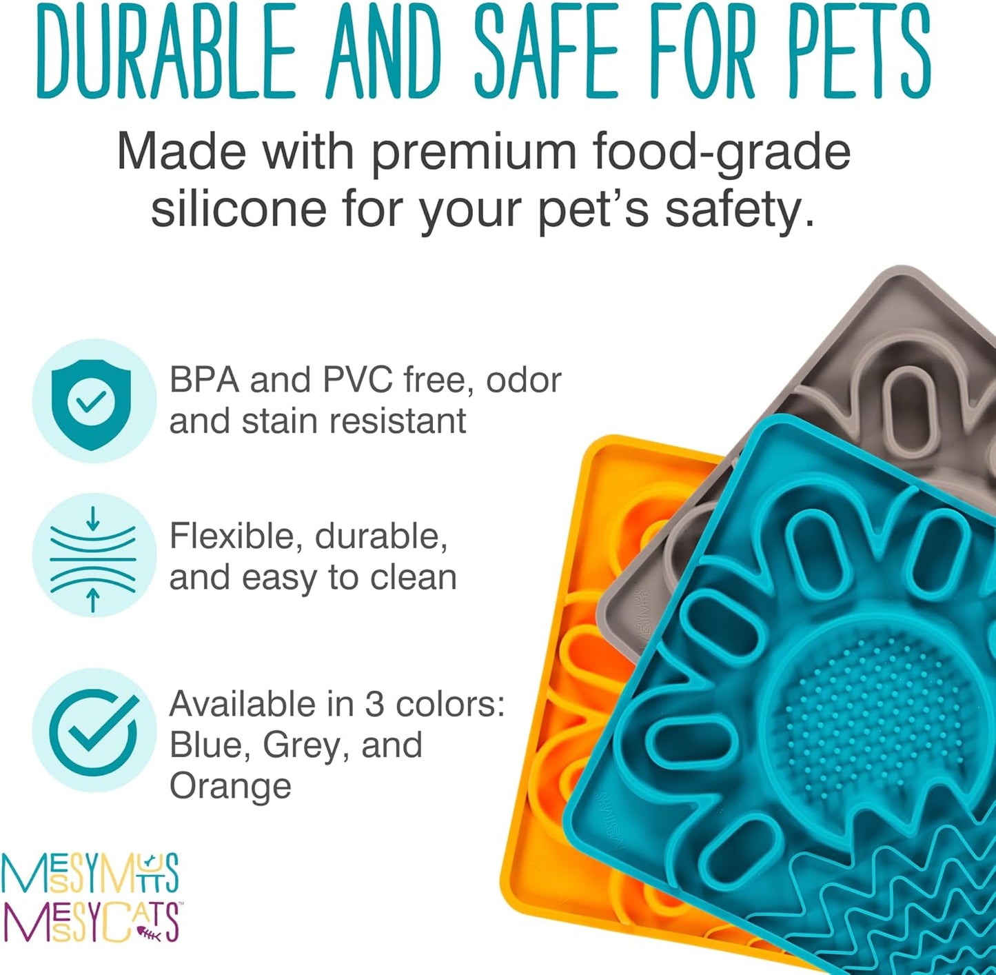 Messy Mutts and Cats Framed Silicone Multi-Surface Lick Mat | 9.5” x 9.5“ | Slow Feeder Mat for Boredom & Anxiety | Interactive Lick Pad for Dogs and Cats | Grey