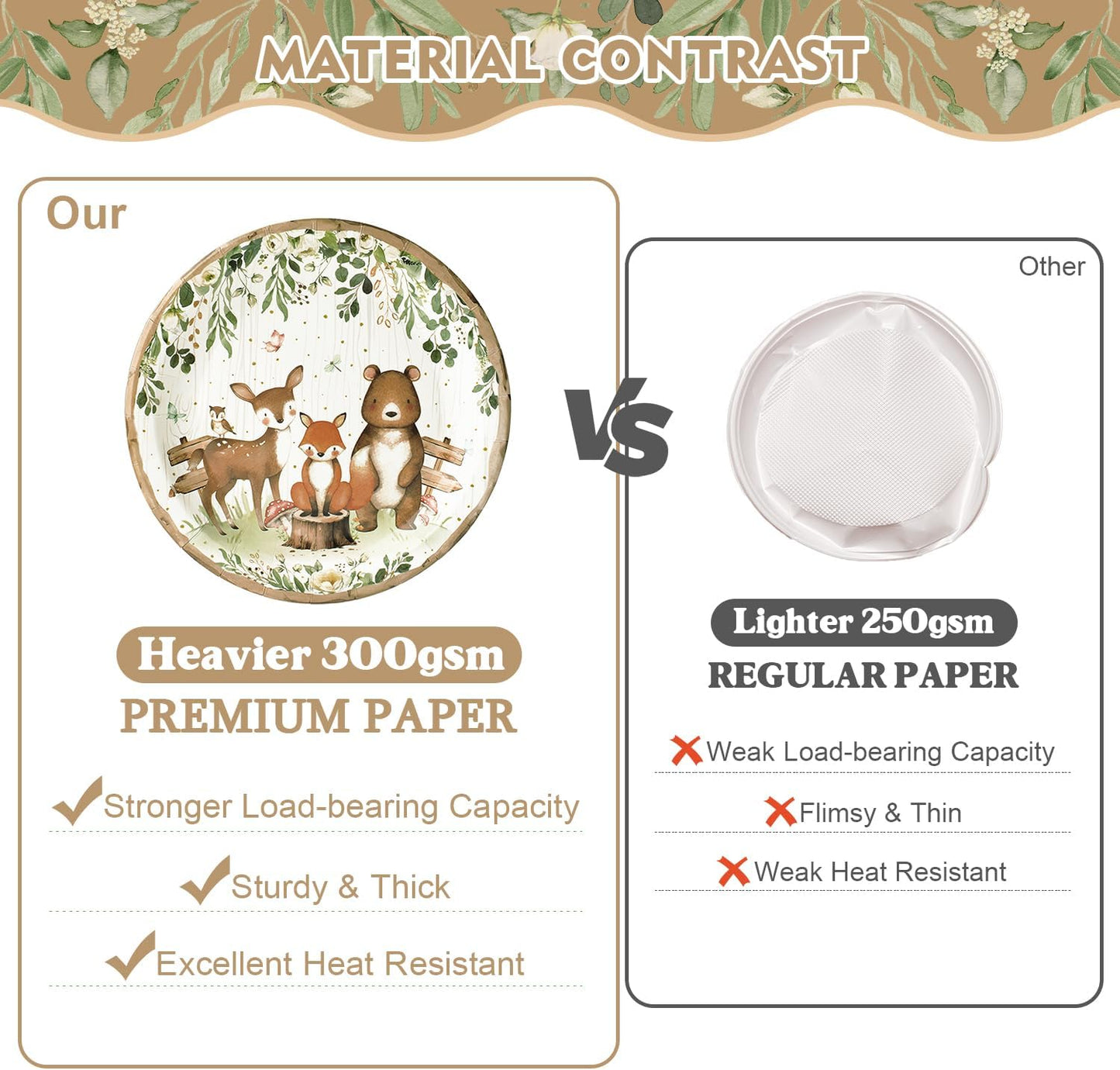 300Pcs Woodland Baby Shower Party Supplies - Serves 50 Guests, Safari Jungle Animal Party Decorations Include Plates and Napkins, Cups, Straws, Forks