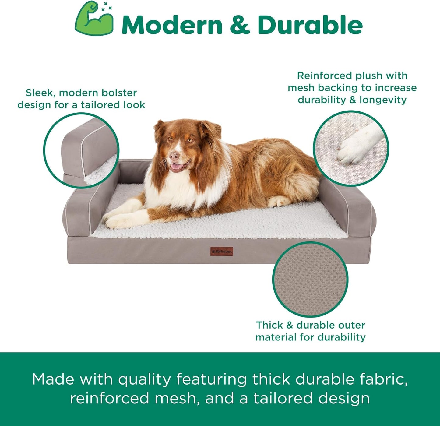 FurHaven Textured Plush & Coated Polyester Solid Core Modern Sofa Pet Bed, Greige, Large