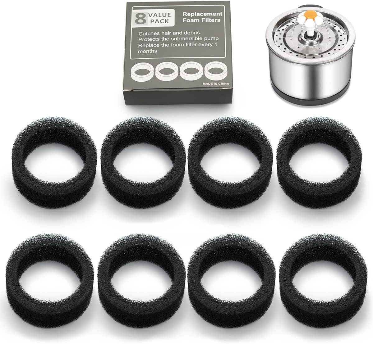 8 Pieces Pet Water Fountain Filter Sponge Replacement for 2.5 L/84 oz 2.2 L/ 74 oz Stainless Steel Cat Fountains, Black Round Filter Foam for stainless steel Cat Drink Fountains