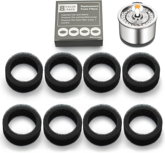 8 Pieces Pet Water Fountain Filter Sponge Replacement for 2.5 L/84 oz 2.2 L/ 74 oz Stainless Steel Cat Fountains, Black Round Filter Foam for stainless steel Cat Drink Fountains