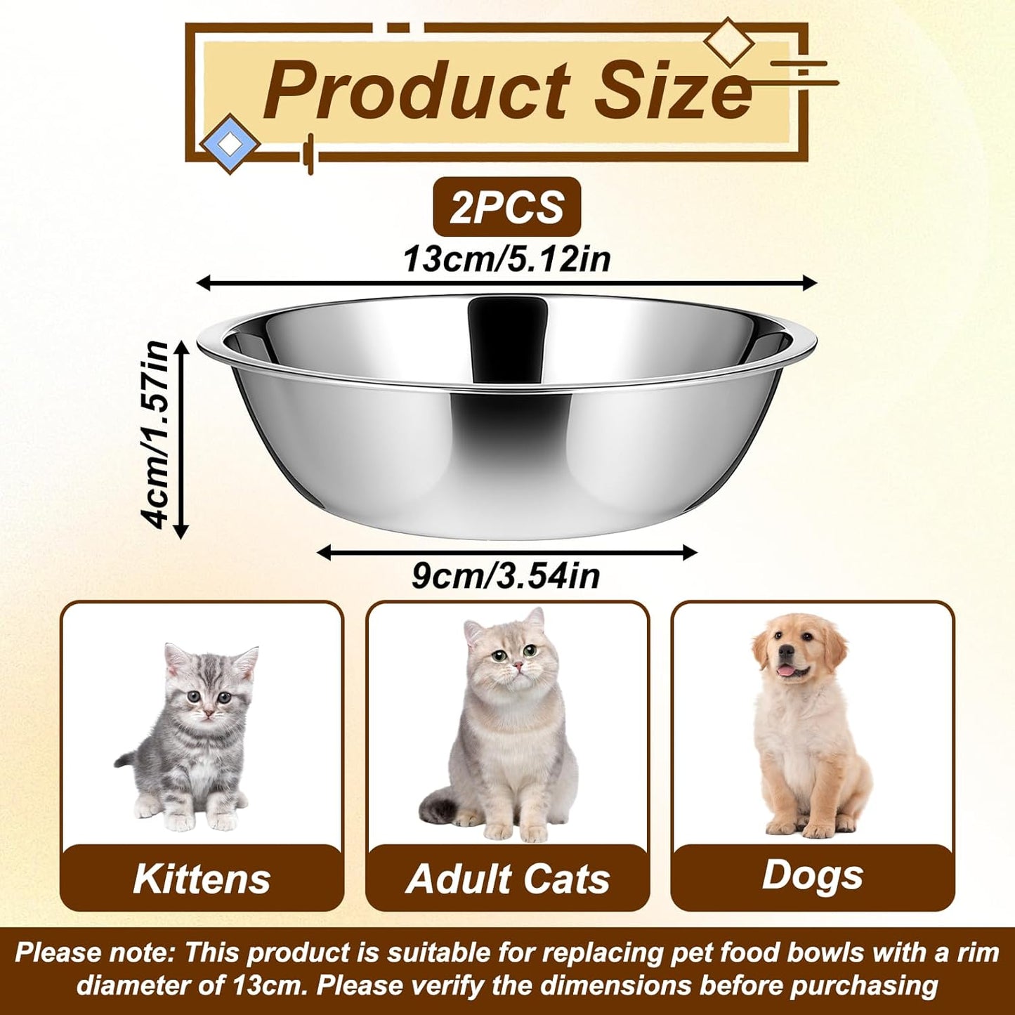 2 Pack Small Stainless Steel Dog Bowls 5 Inch Metal Dog Food Bowls Pet Feed Water Bowl for Large Medium Small Dogs, Thickened Durable Replacement Bowl for Elevated Stand, Kitten, Puppy