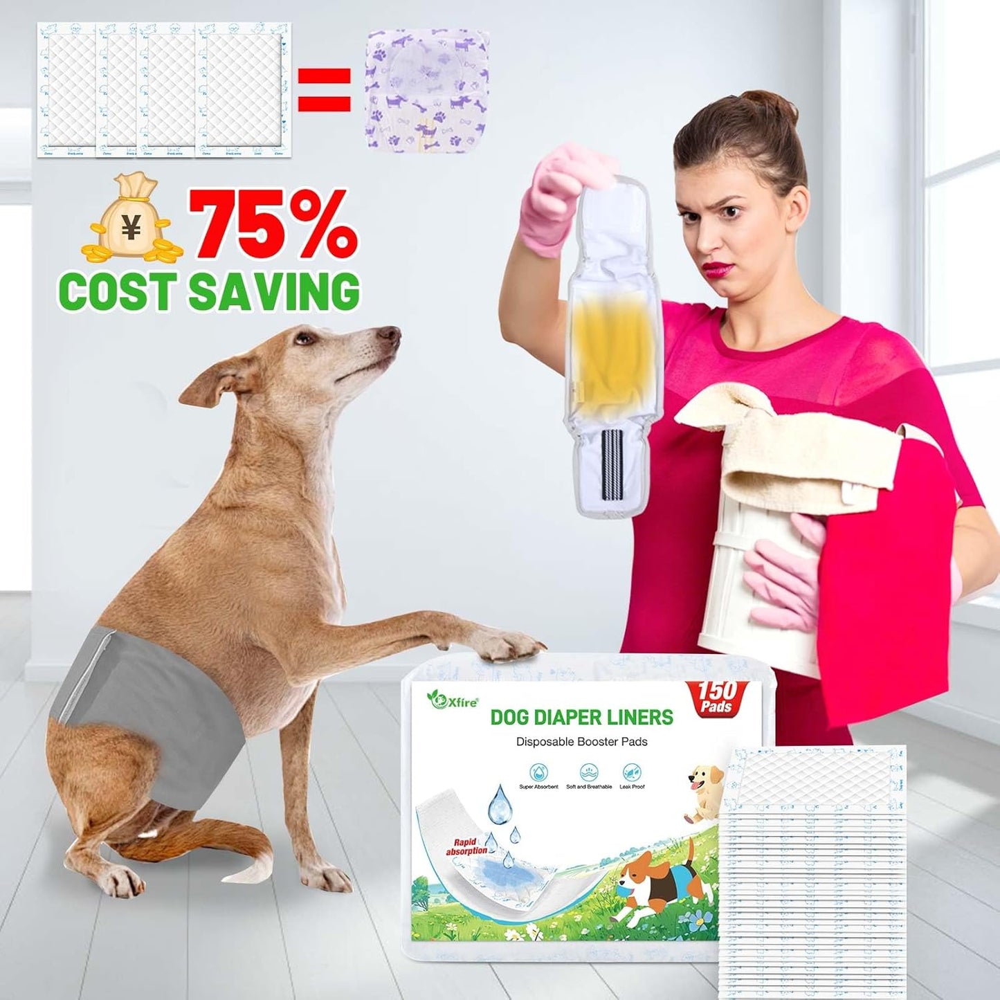 Dog Diaper Liners Booster Pads, 150ct Disposable Dog Diapers Inserts Male Female for Washable Doggie Belly Bands Wraps Covers Period Panties(Regular)