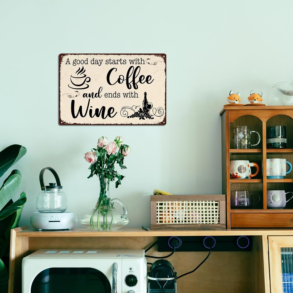 A Good Day Starts with Coffee and Ends with Wine Metal Tin Sign – 8x12 Inch Vintage Kitchen Wall Decor, Funny Rustic Sign for Home Café, Wine Area, Coffee Station