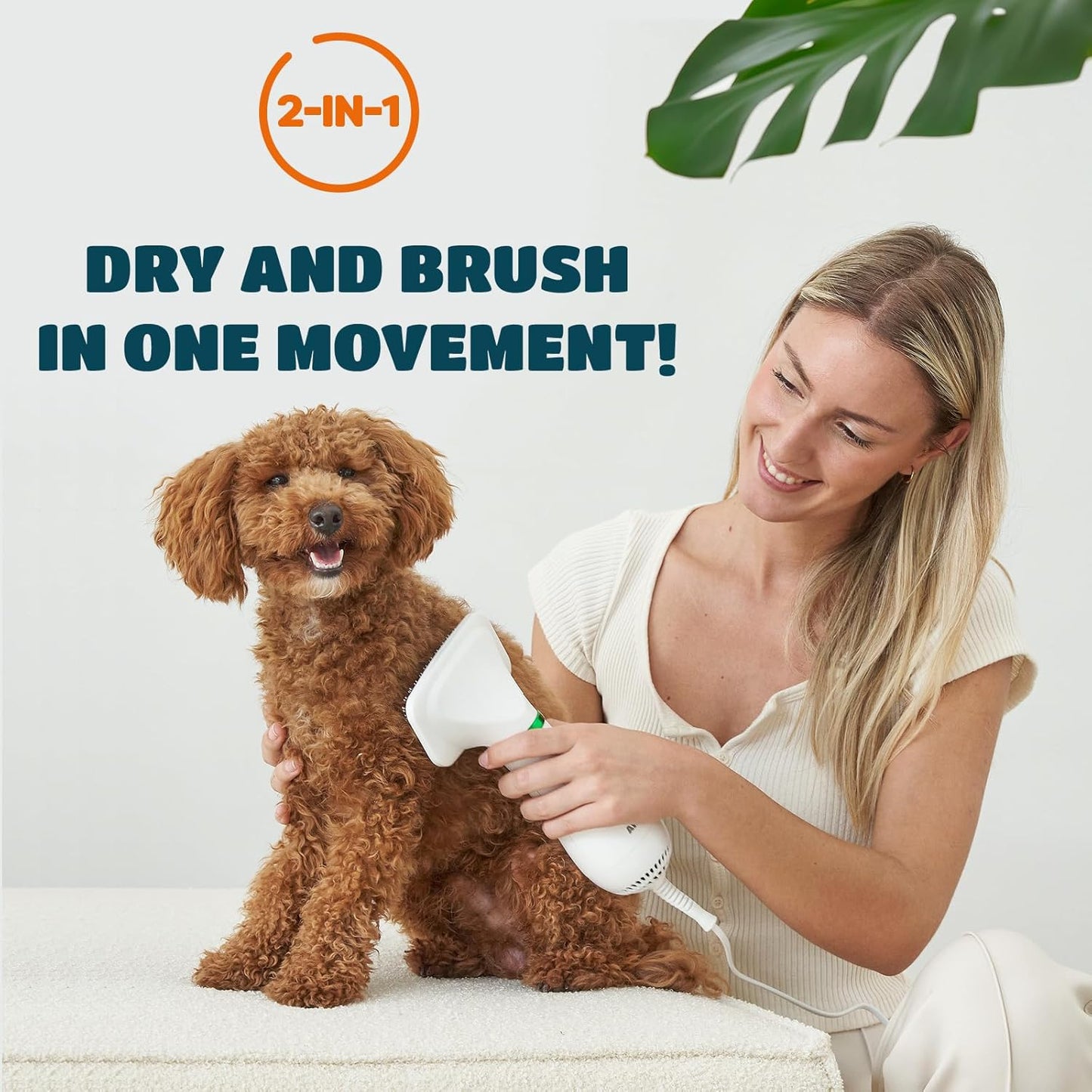 2-in-1 Dog Dryer with Slicker Brush for Small Dogs and Cats, Pet Hair Dryer, Dog Blow Dryer for Grooming with 300 Watts, 75-85 dB, Adjustable Temperature, Overheat Protection