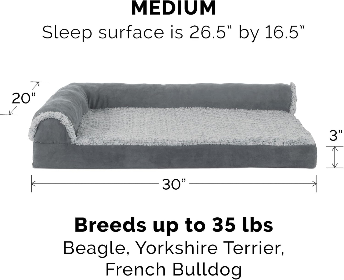 Furhaven Dog Bed L-Chaise Stone Gray, Medium W/Same Size Waterproof Liner