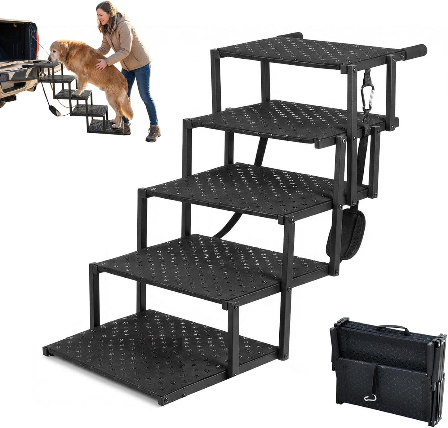 Dog Steps for Car Truck SUV,Travel Portable Foldable 5-Steps Non-Slip Dog Car Stairs,Stairs for Pet to Get in Car-Supports Up to 200 Lbs