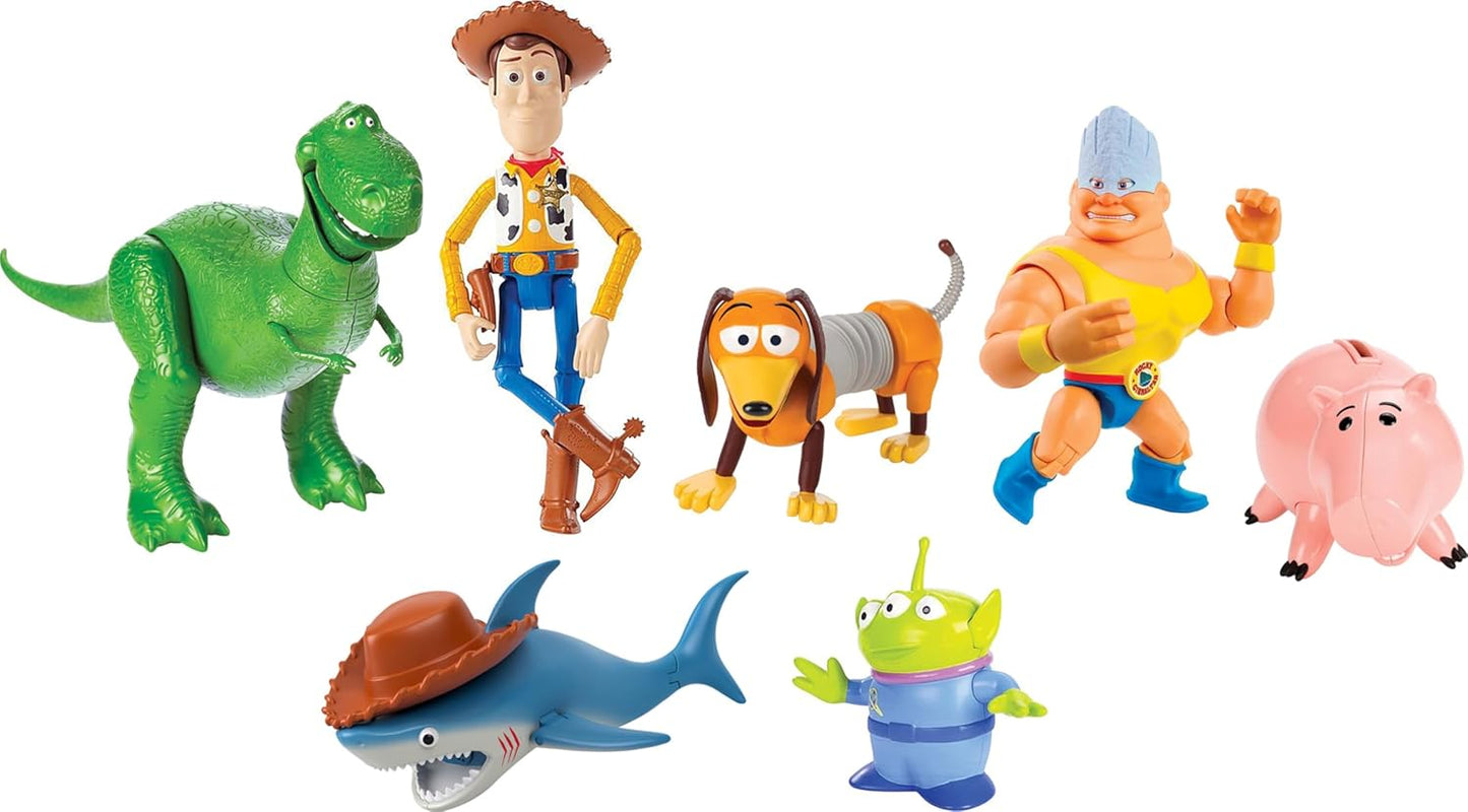Mattel Disney Pixar Toy Story Set of 7 Action Figures with Woody, Slinky, Rex, Hamm, Alien, Rocky & Shark, Mattel Disney100 Collectible