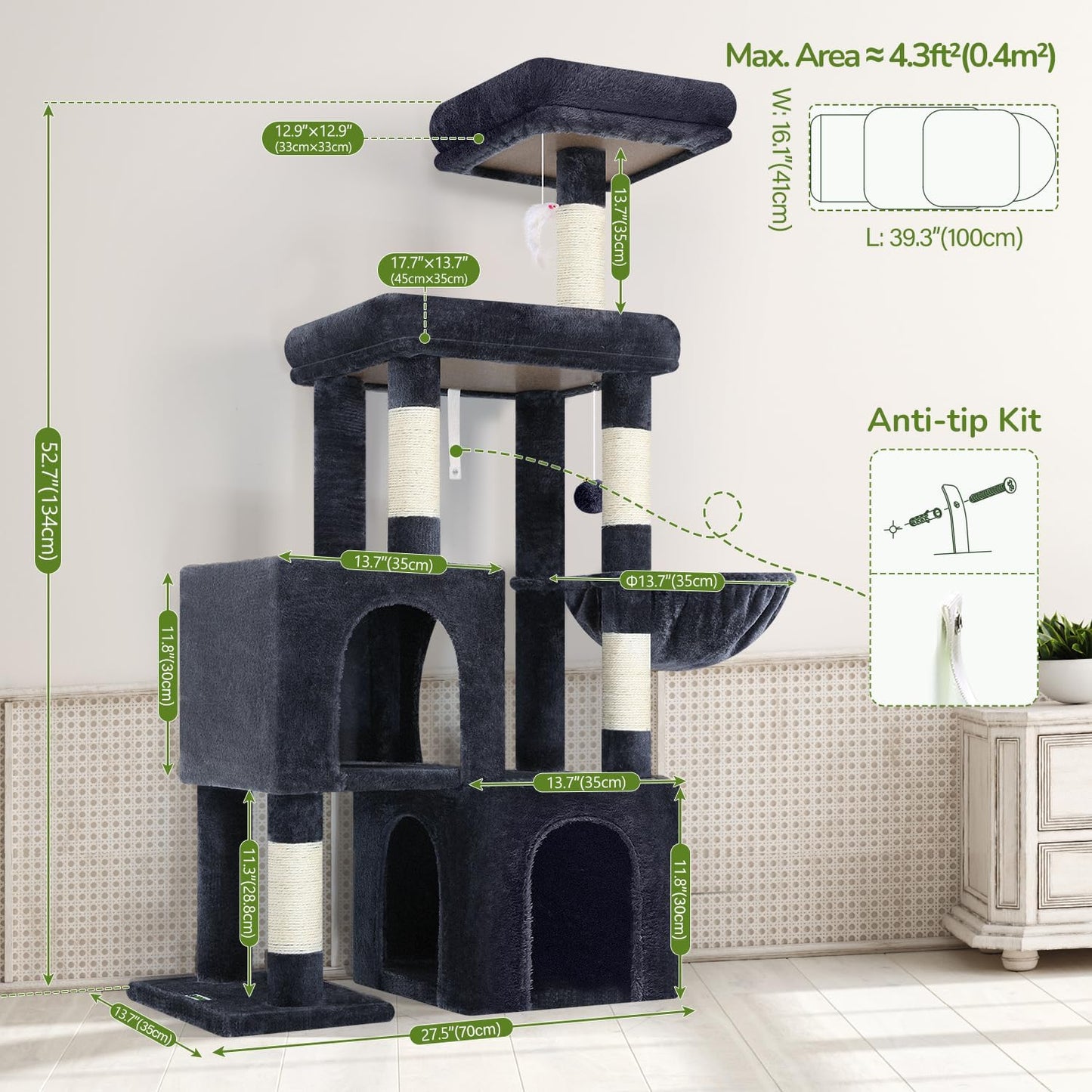 Globlazer Cat Tree Condo Tower for Multiple Indoor Cats, 52in Multi-Level Cat Scratching Tree with 2 Cat Condos, 5 Sisal Scratching Posts, 2 Padded Perches, Big Basket, Widened Base, S52, Dark Grey
