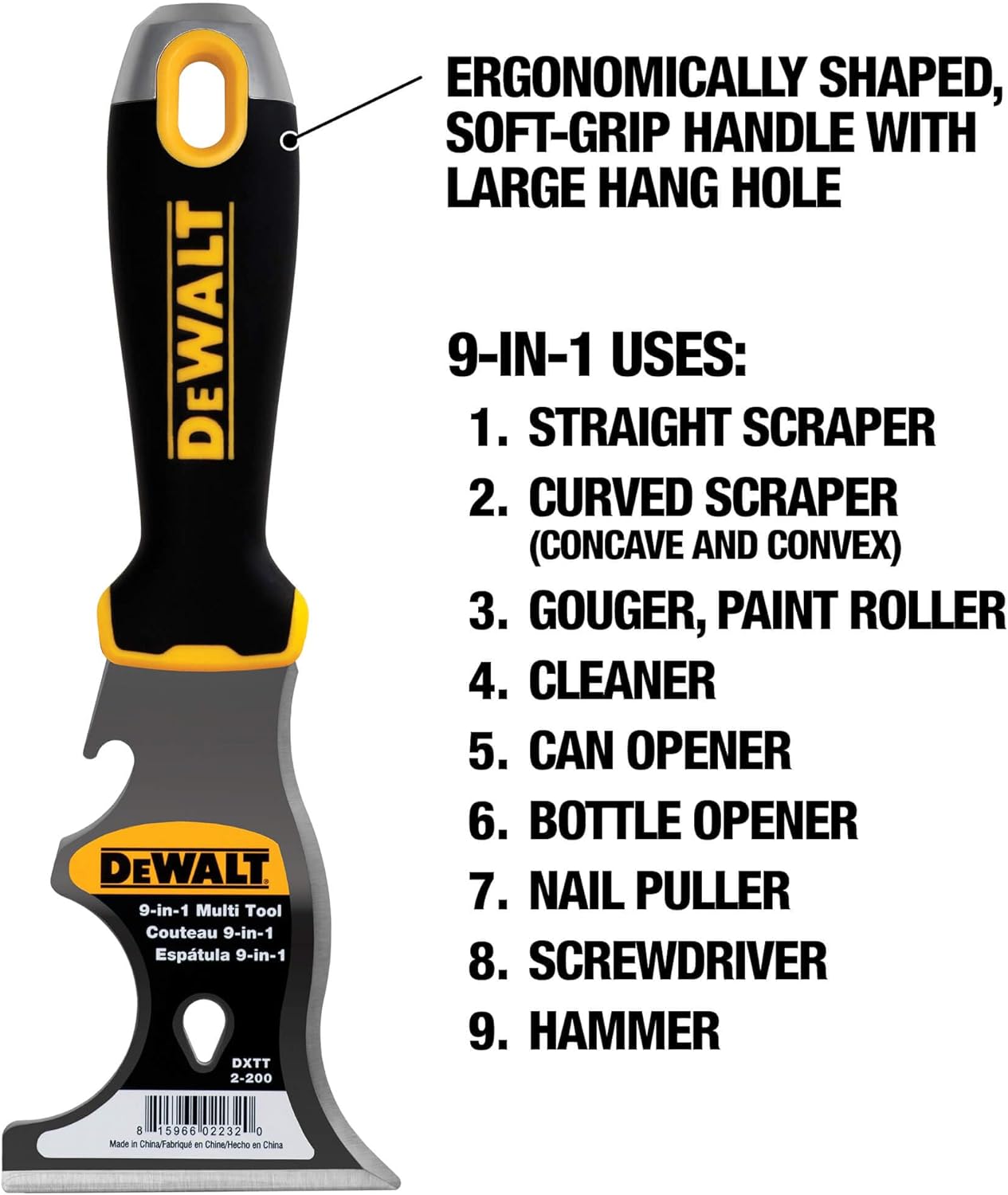 DEWALT 9-in-1 Painter's Tool | Straight Scraper, Curved Scraper, Gouger, Roller Cleaner, Can Opener, Bottle Opener, Nail Puller, Screwdriver, Hammer | Carbon Steel w/Soft Grip Handle | DXTT-2-200
