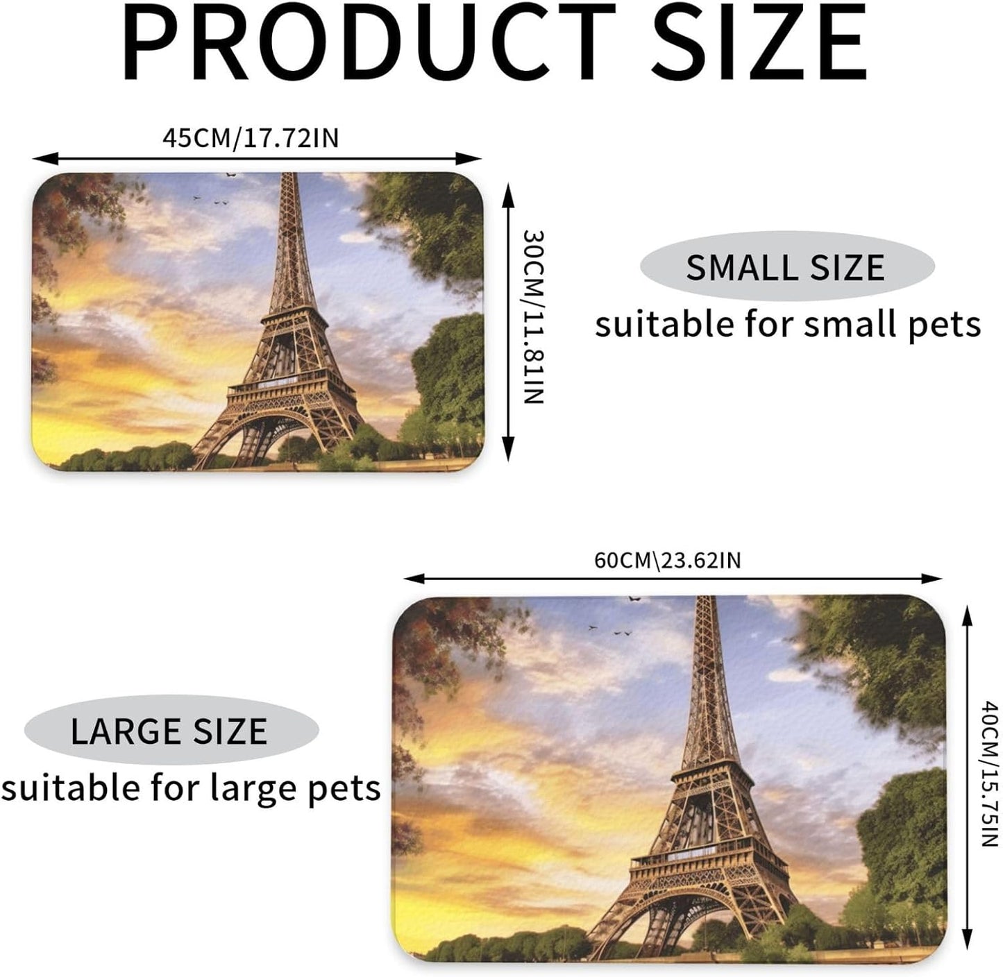 Eiffel Tower Paris Pet Feeding Mat 40x60cm Absorbent Leather Dog Cat Food Mats Non-Slip Dog Bowl Mats for Food and Water, Quick Dry Pets Placemats for Cats and Dogs Water Bowl
