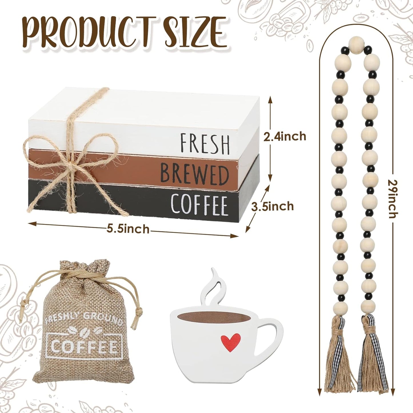 Coffee Bars Decor, 6 PCS Coffee Bar Decorations,Mini Wooden Book Stacks with Bead Garland, Coffees Bar Accessories for Tiered Tray,Table,Shelf,Rustic Farmhouse Home Decor
