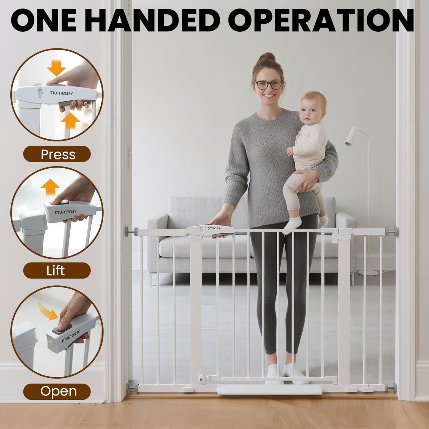 29.7-46" Extra Wide Baby Gate for Stairs, Pressure Mounted Dog Gate Indoor for Doorways, Auto Close Pet Gate with Walk Thru Door, Double Lock Child Safety Gate for Kids and Pet, No-Trip Design