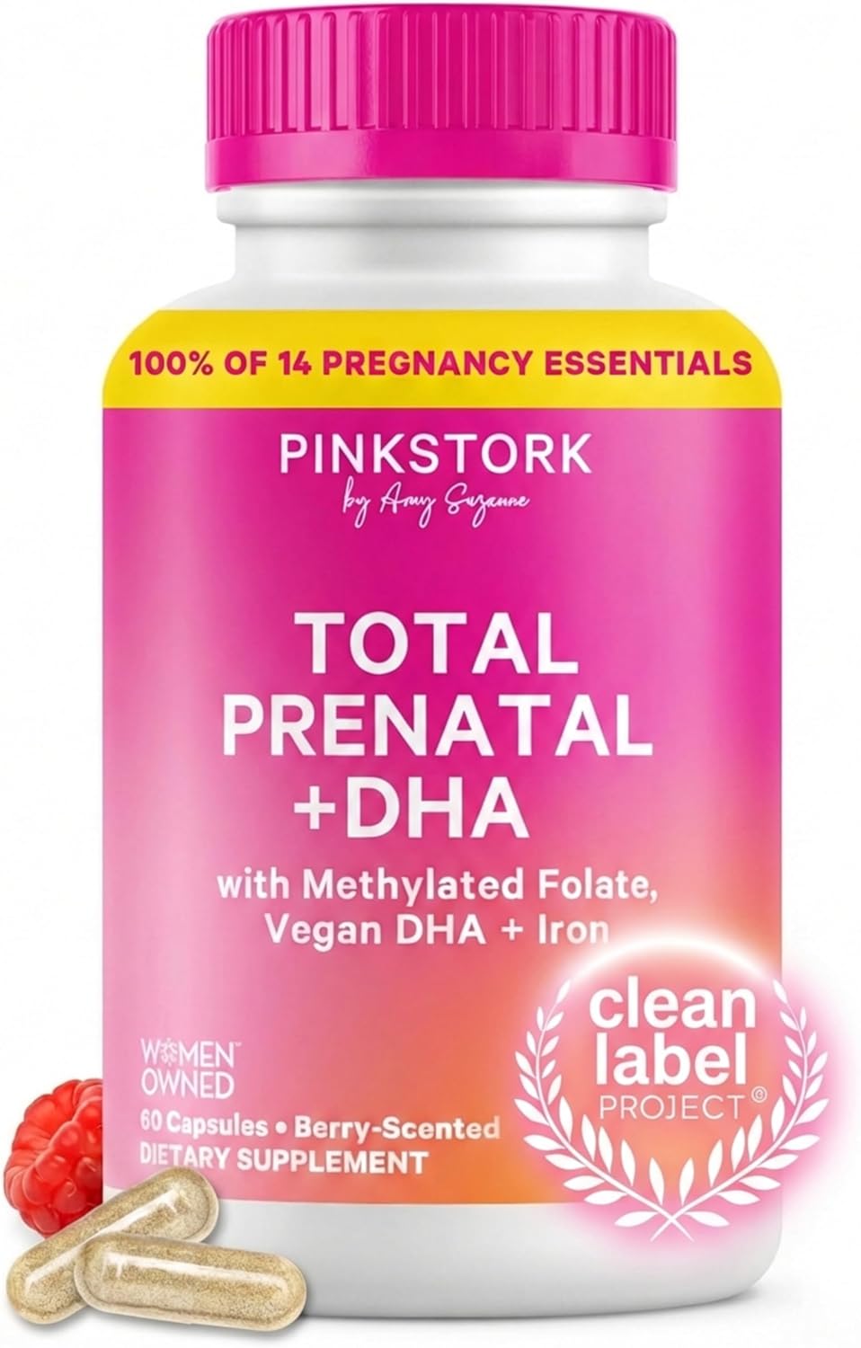Pink Stork Total Prenatal Vitamins with DHA, Folate, Iron, Choline, and Vitamin B12 - Prenatals for Women to Support Fetal Development, Pregnancy Essentials, Berry Essence, 60 Capsules, 1 Month Supply