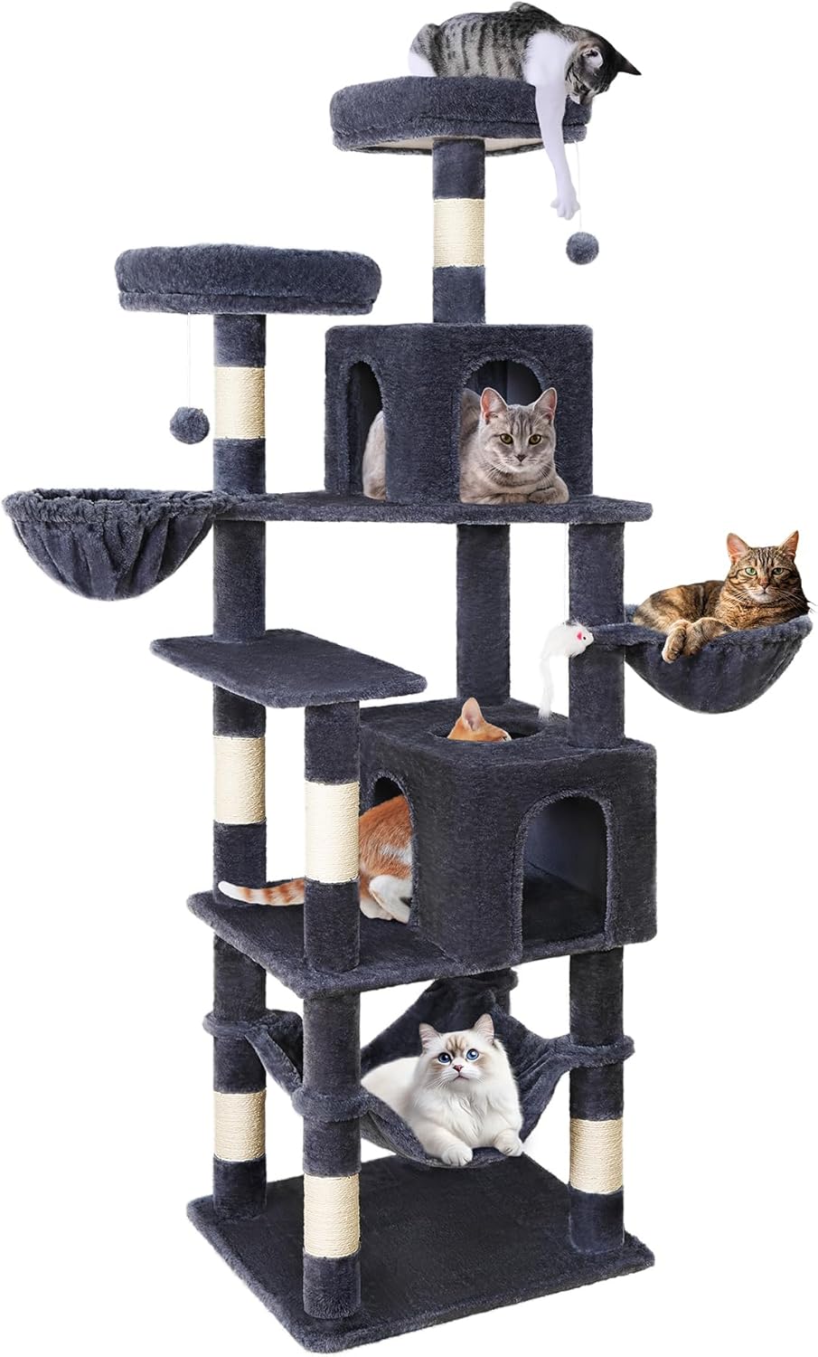 AMHANCIBLE Tall Cat Tree, 70 Inch Cat Tower for Indoor Cats, Multi-Level Cat Tree with Scratching Post, Hammock, Hanging Basket, Large Cat Condos for Adult Cats Kittens, Dark Grey, PT18DG