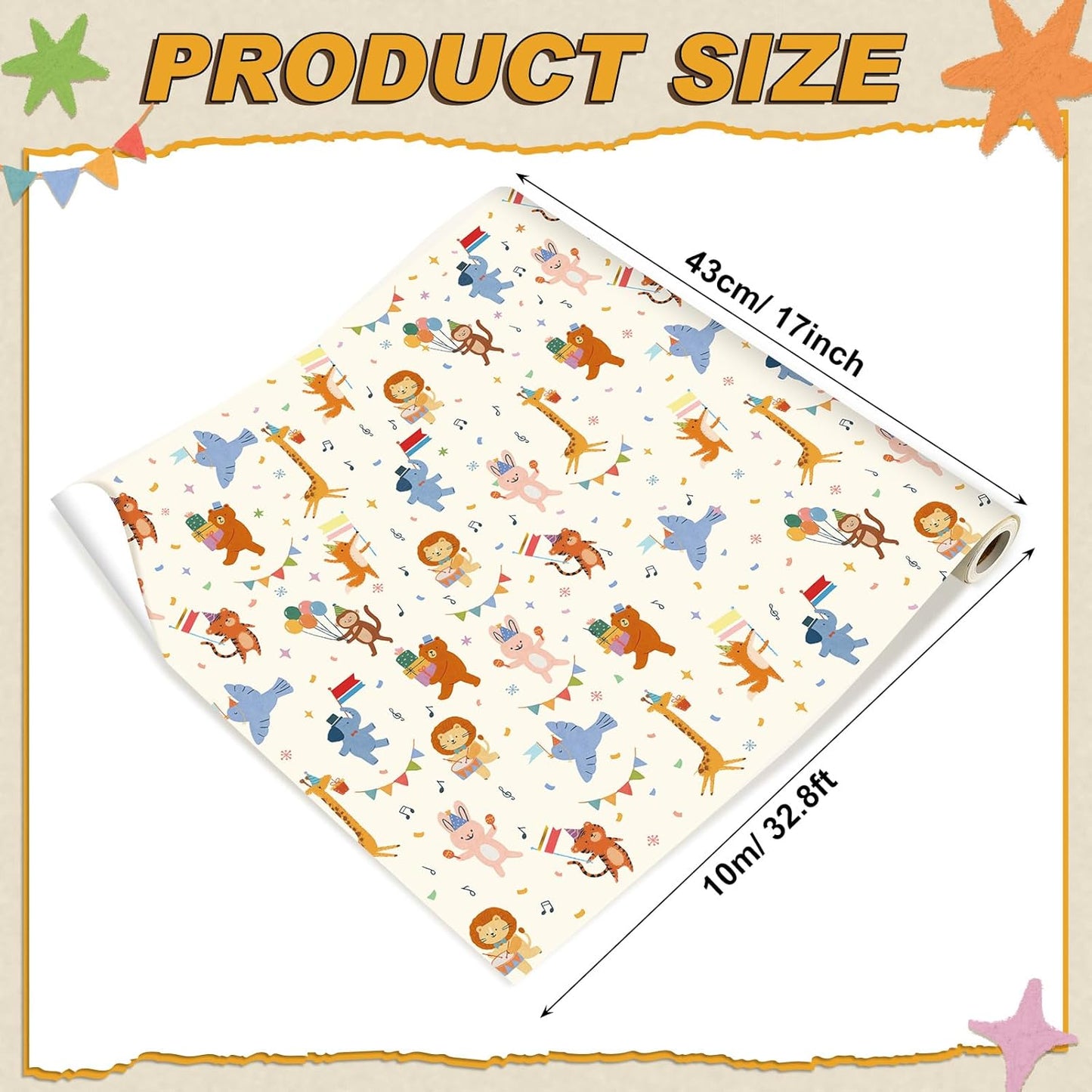 Booson Animal Parade Kids Wrapping Paper Roll -Mini Roll- 17In x 32.8Ft Cute Animal Parade Premium Gift Packing Wrap Craft Paper for Birthday Baby Shower Party Supplies