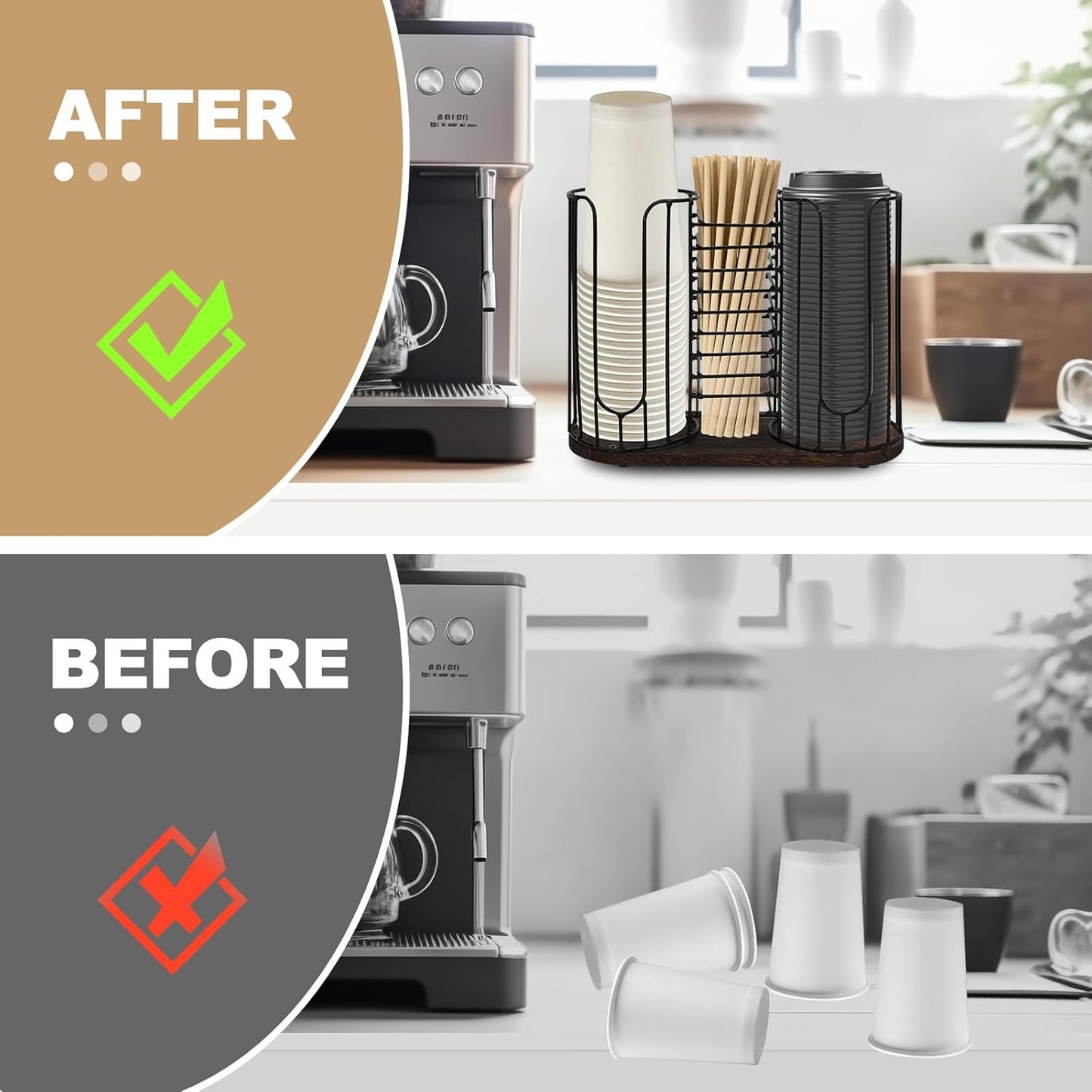 3-Compartment 18oz Coffee Cup Dispenser Rack with Wood Base, Disposable Cup, and Lid Organizer for Countertop - Perfect for Paper Cups, Straws, and Kitchen Cabinet Storage