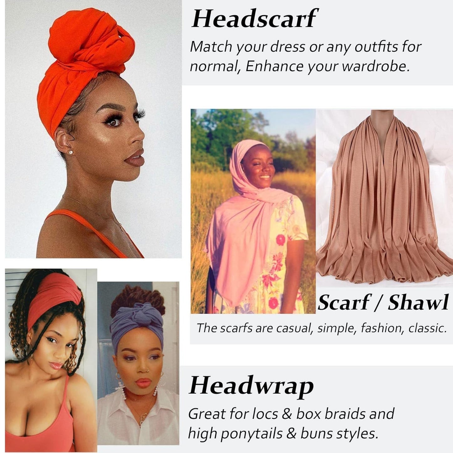 XTREND 1 Piece Head Wrap Stretch African Turban Bohemian Extra Long Scarf Soft Breathable Headwraps Solid Color Knit Head Scarves Turban Tie for Women (White)