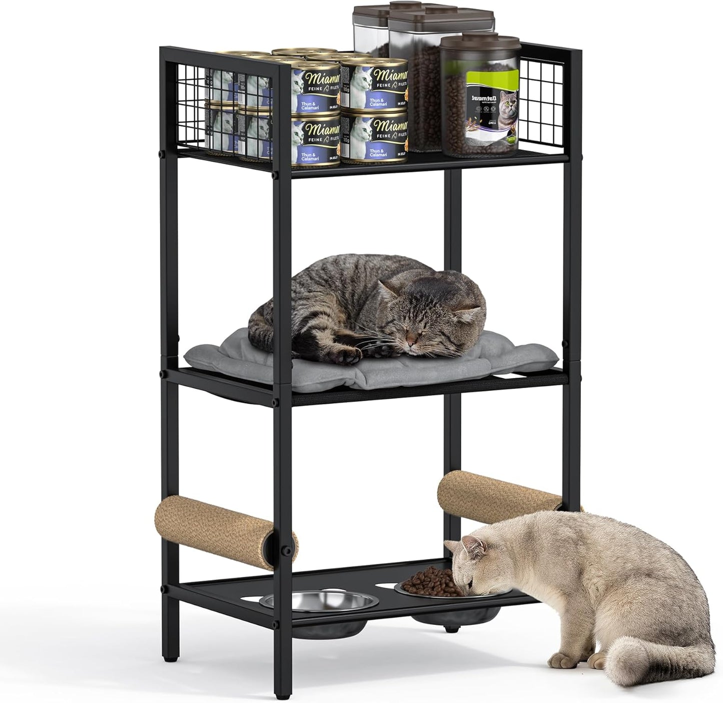 4in1 Cat Furniture Stand with Cat Scratching Post, Cat Food Bowls, Cats Bed Platform, Cats Food Storage Organizer, All in One Pet Furniture for Small Space (Black)