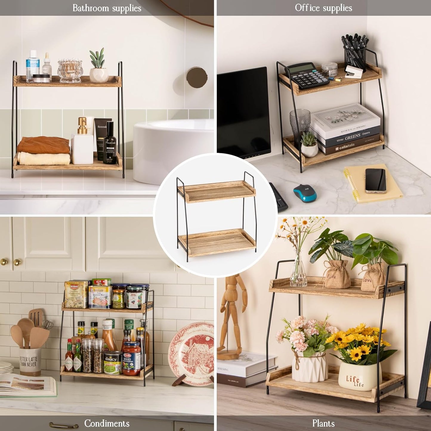 Countertop Coffee Station Organizer, 2 Tier Wooden Shelf for Coffee Bar Accessories, Condiment Storage Caddy for Kitchen, Home, Office - Brown
