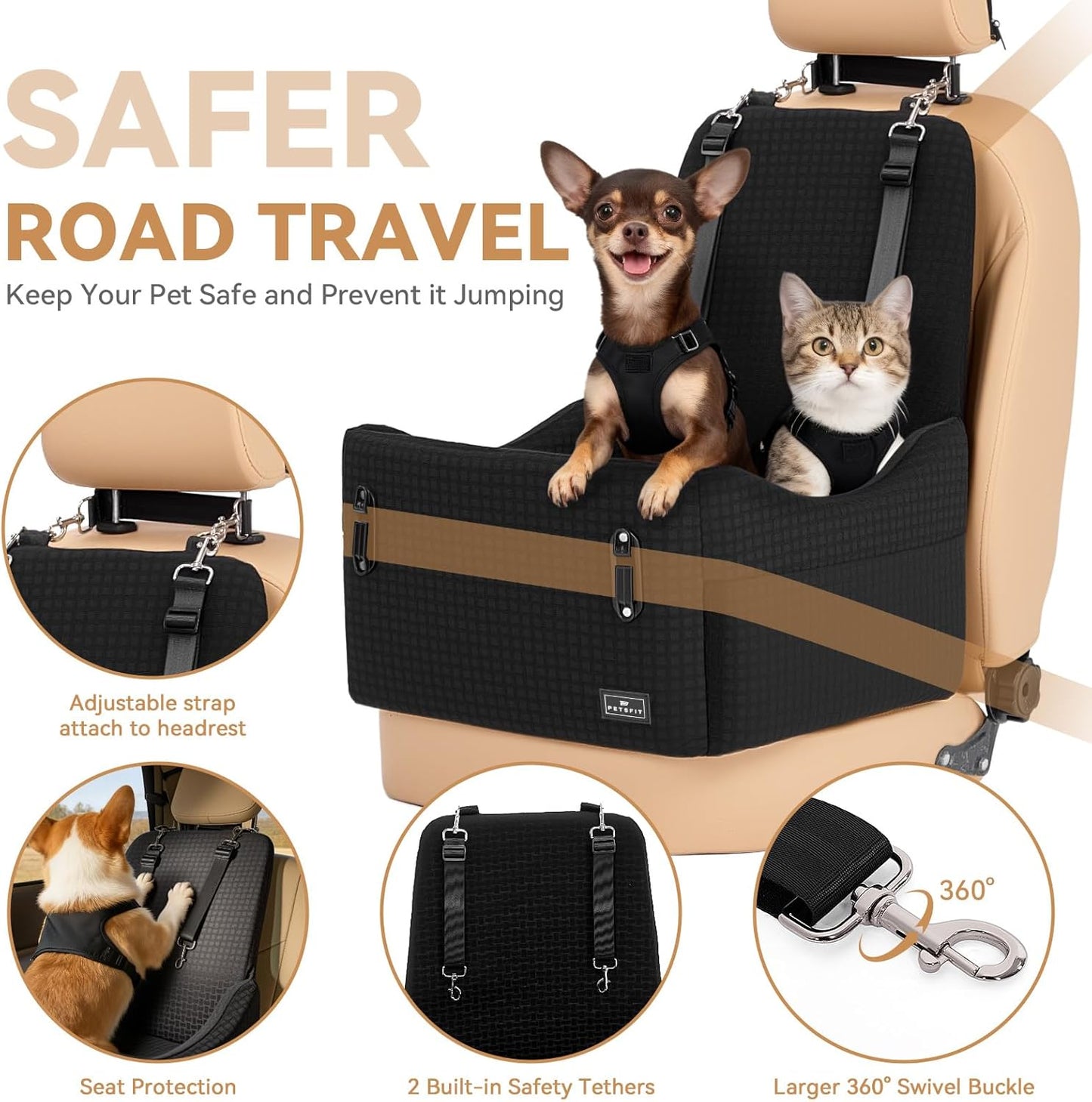 PETSFIT Dog Booster Car Seat for Small/Medium Dogs Up to 35 lbs – Patented Safety System, 6" Memory Foam Pet Car Seat, Fully Detachable and Washable Cover, Front/Back Seat Travel Booster (Black)