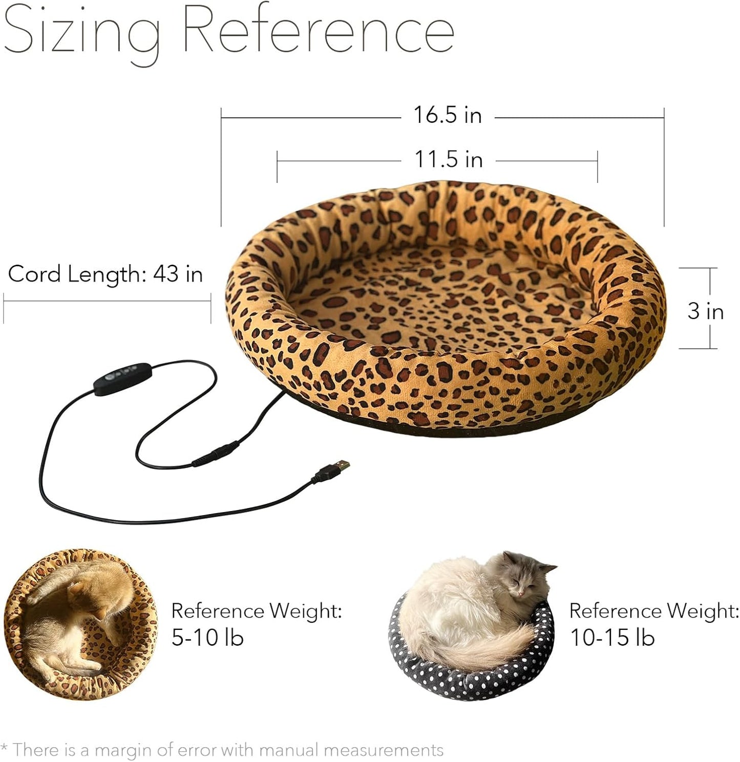 USB Heating Bed for Cats & Small Dogs - 5V Safe Heated Pad with 3-Temp Control, Washable, Indoor/Outdoor Pet Warming Bed Powered by Power Bank Battery/Car/Wall (Leopard)