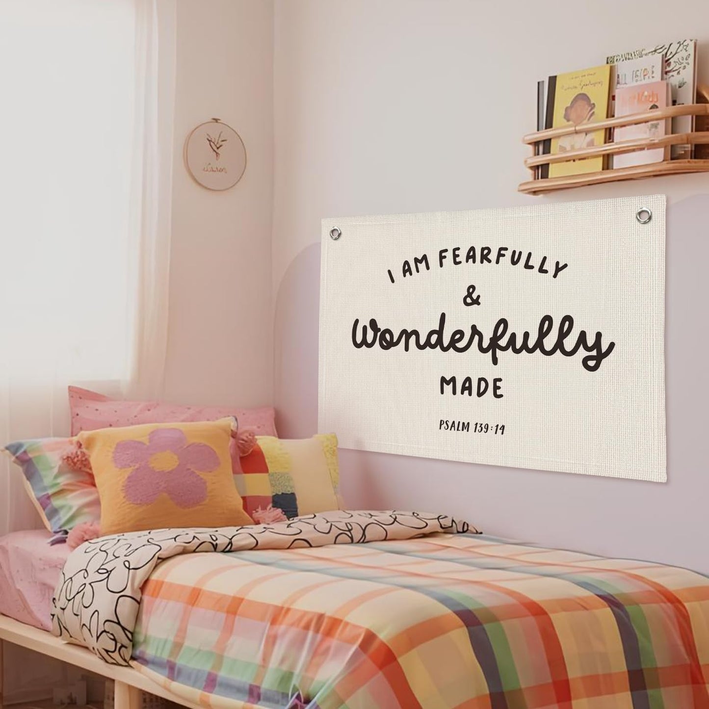 Kids Room Decor - Bible Verse Wall Hanging, 'I am Fearfully and Wonderfully Made' Linen Banner, Canvas Decoration for Classroom, Nursery, Kids Room