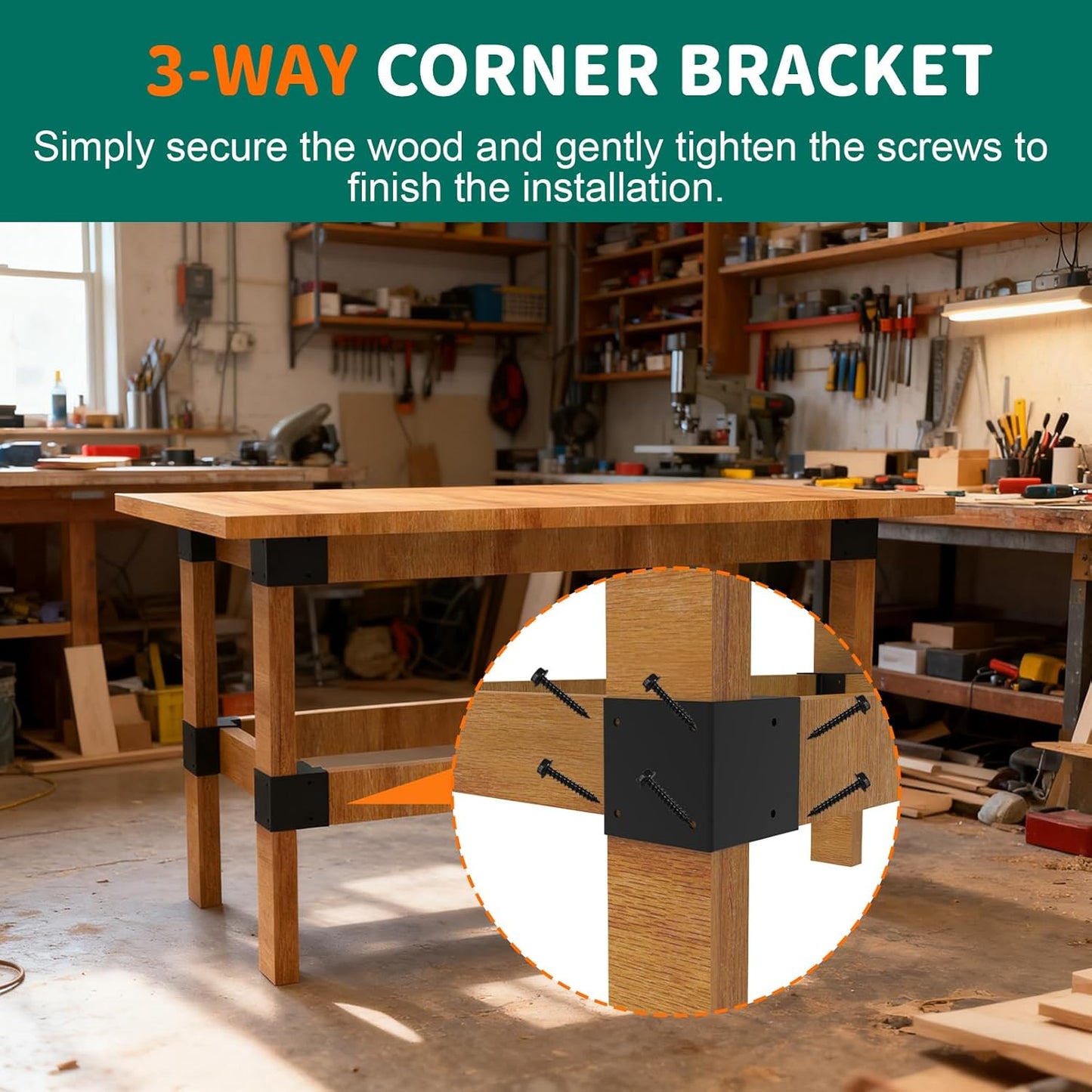 Workbench Corner Brackets Kits, Heavy Duty Steel 2x4 Corner Brackets for Work Table, DIY Custom Workbench, Garage Shelves (Black-8 Pack)