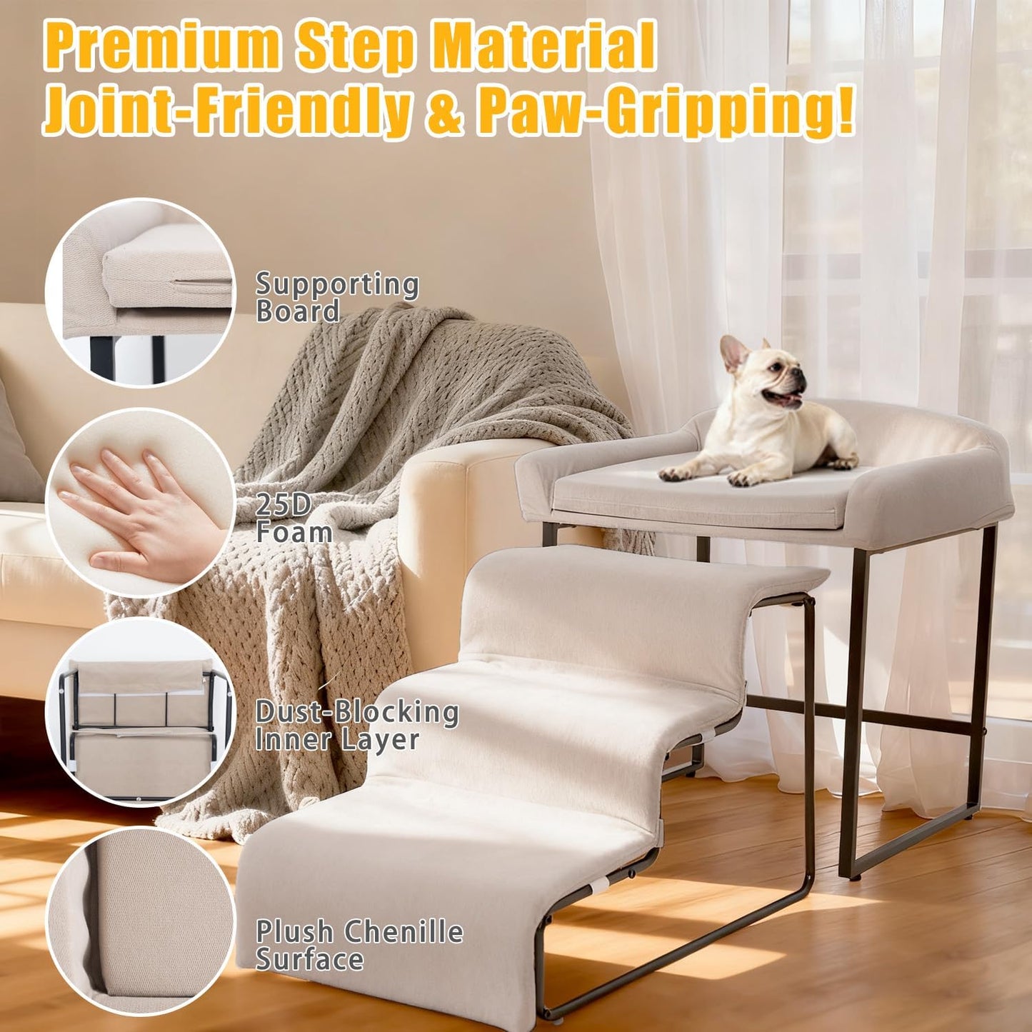 Dog Window Perch with Removable Stairs, Cat Window Seat with Cushioned Platform, Non-Slip Bedside Foam Pet Bed for Cats and Dogs, Beige