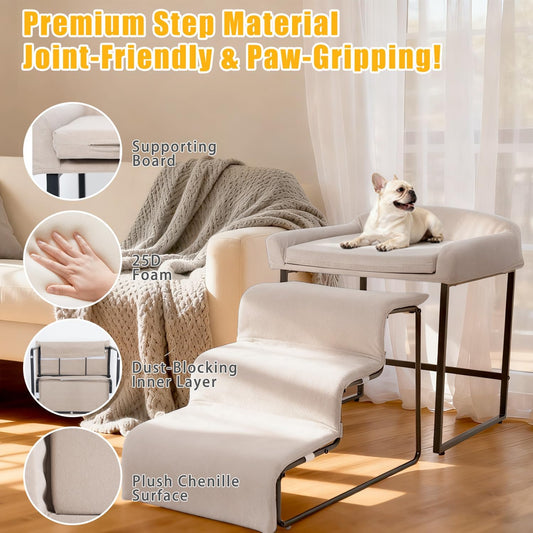 Dog Window Perch with Removable Stairs, Cat Window Seat with Cushioned Platform, Non-Slip Bedside Foam Pet Bed for Cats and Dogs, Beige