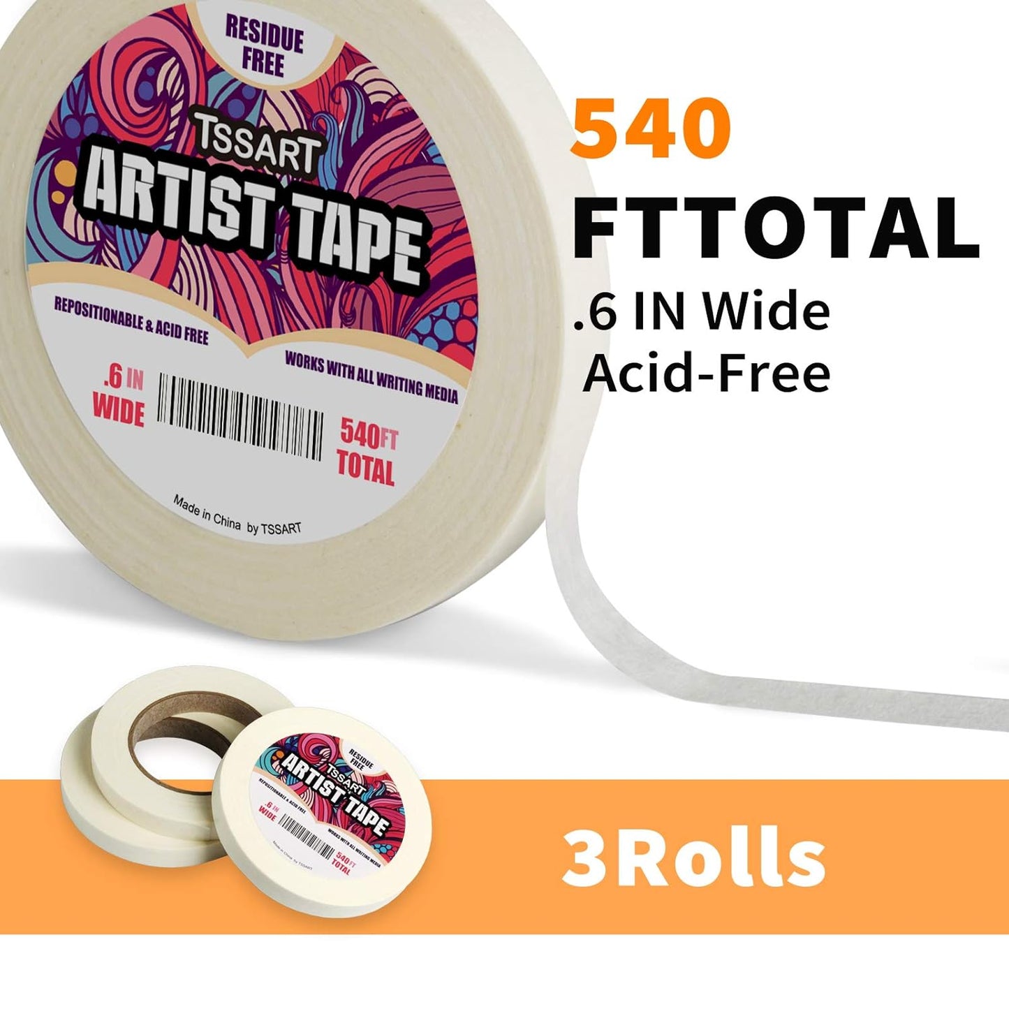 3 Pack White Artist Tape - Masking Artists Tape for Drafting Art Watercolor Painting Canvas Framing - Acid Free 0.6inch Wide 540FT Long Total