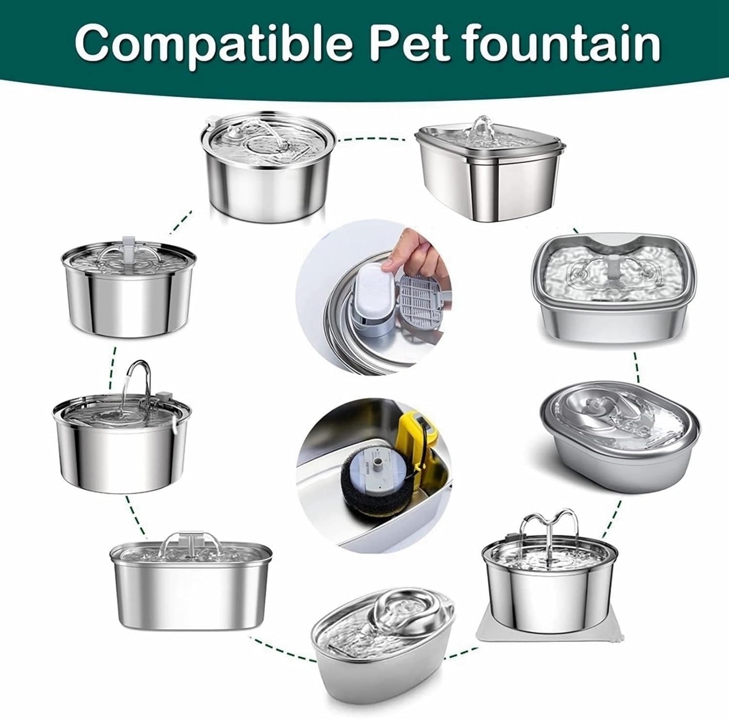 Cat Water Fountain Filters,12 Filters with 12 Sponges- Replacement Filters for Stainless Steel Cat Water Fountain PLWF003 & PLWF006