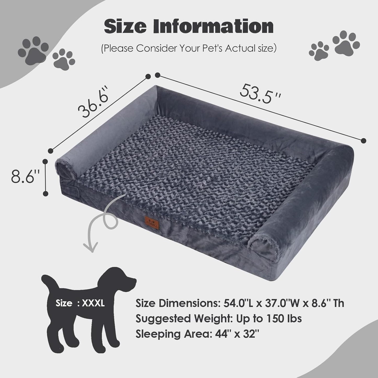 2 Pcs 54 inch Large Dog Bed Orthopedic Dog Bed for Medium Large Dogs Washable Rose Velvet Cover Waterproof Lining Composable Human Dog Bed (Dark Grey)